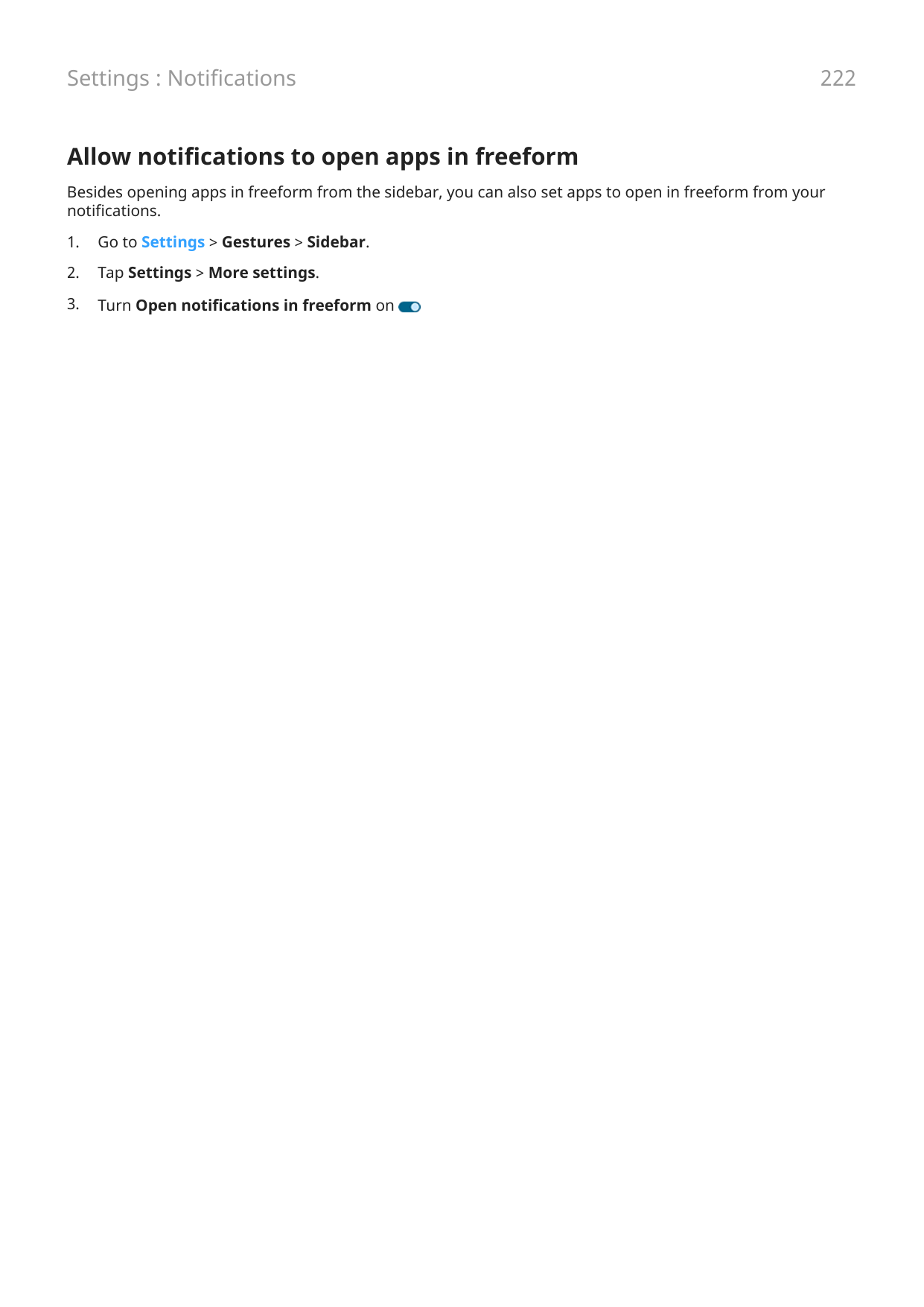 Settings : Notifications222Allow notifications to open apps in freeformBesides opening apps in freeform from the sidebar, you ca