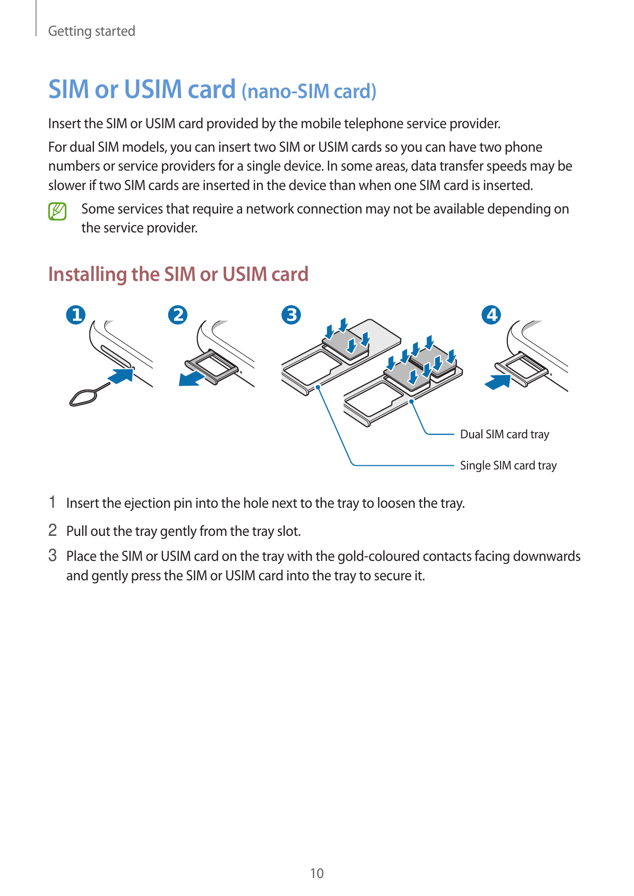 Getting startedSIM or USIM card (nano-SIM card)Insert the SIM or USIM card provided by the mobile telephone service provider.For