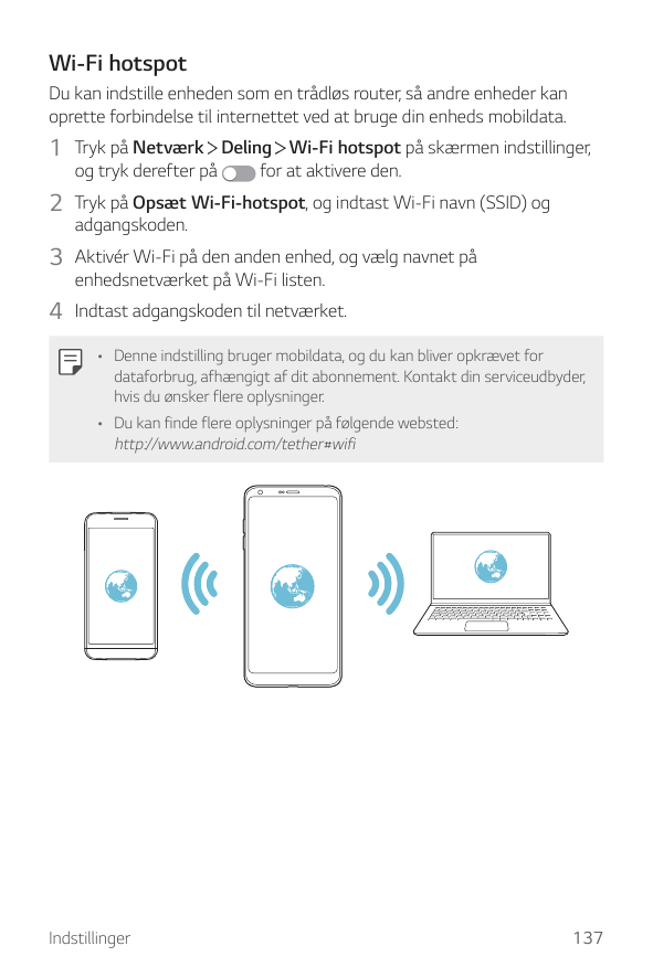Wi-Fi hotspotDu kan indstille enheden som en trådløs router, så andre enheder kanoprette forbindelse til internettet ved at brug