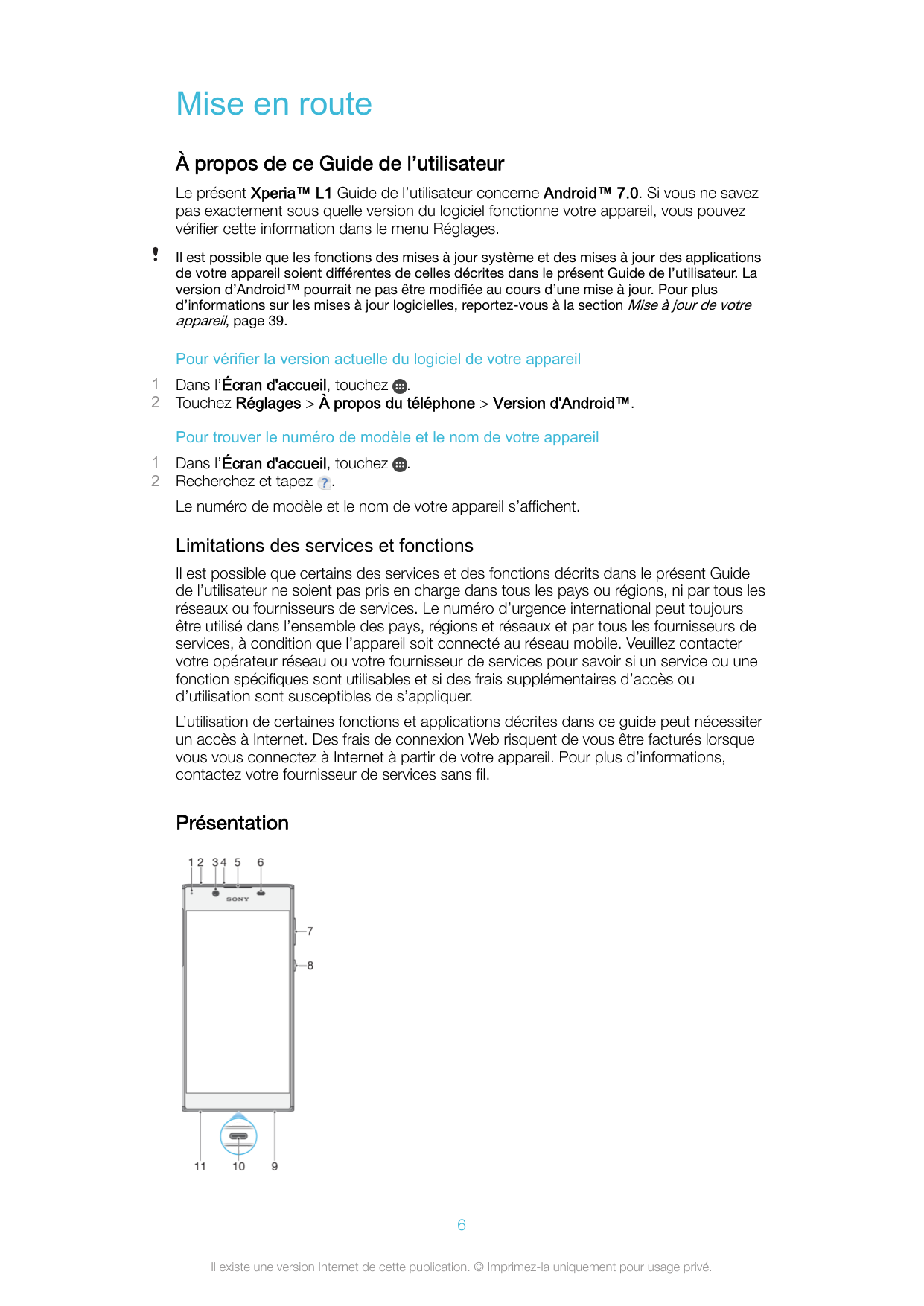 Mise en routeÀ propos de ce Guide de l’utilisateurLe présent Xperia™ L1 Guide de l’utilisateur concerne Android™ 7.0. Si vous ne