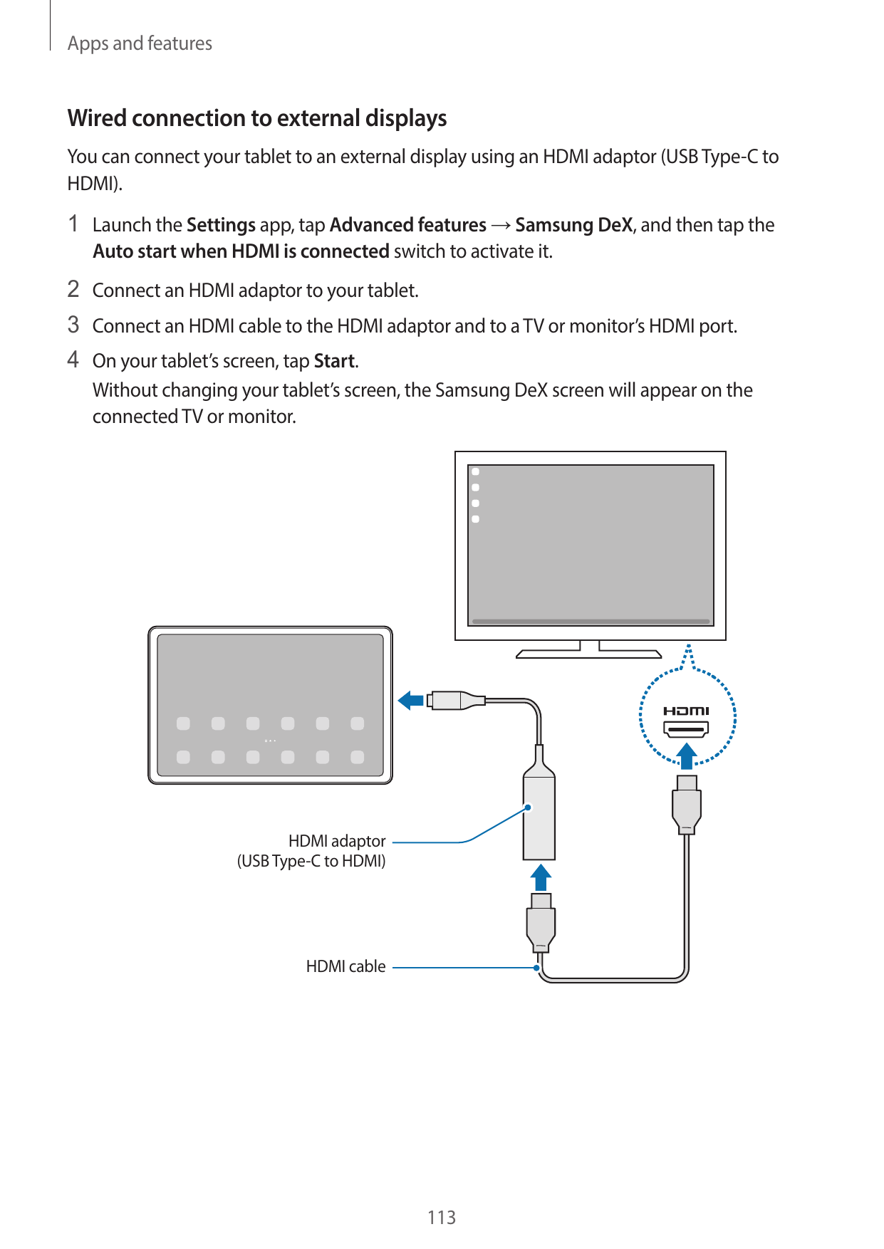 Apps and featuresWired connection to external displaysYou can connect your tablet to an external display using an HDMI adaptor (