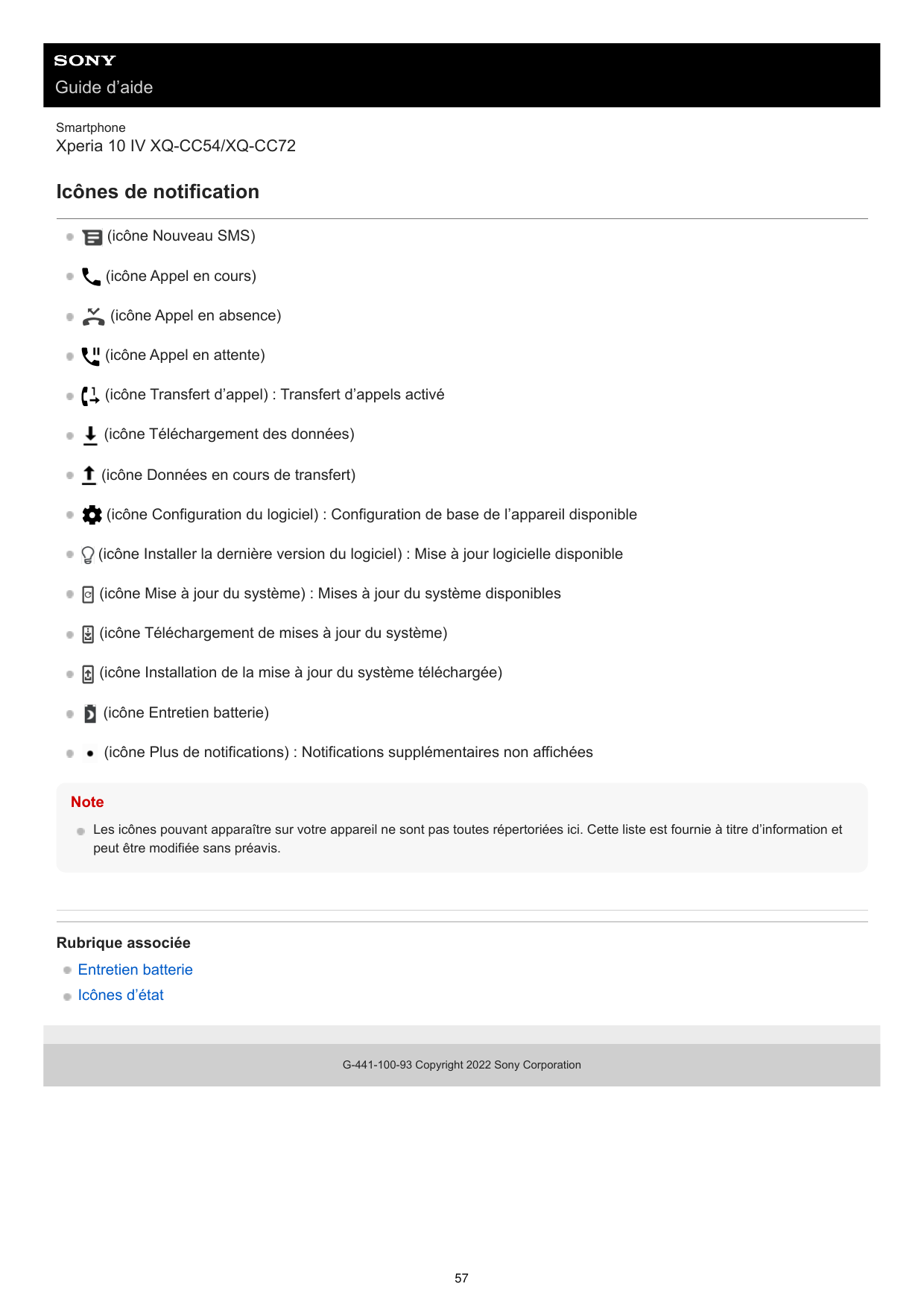 Guide d’aideSmartphoneXperia 10 IV XQ-CC54/XQ-CC72Icônes de notification(icône Nouveau SMS)(icône Appel en cours)(icône Appel en