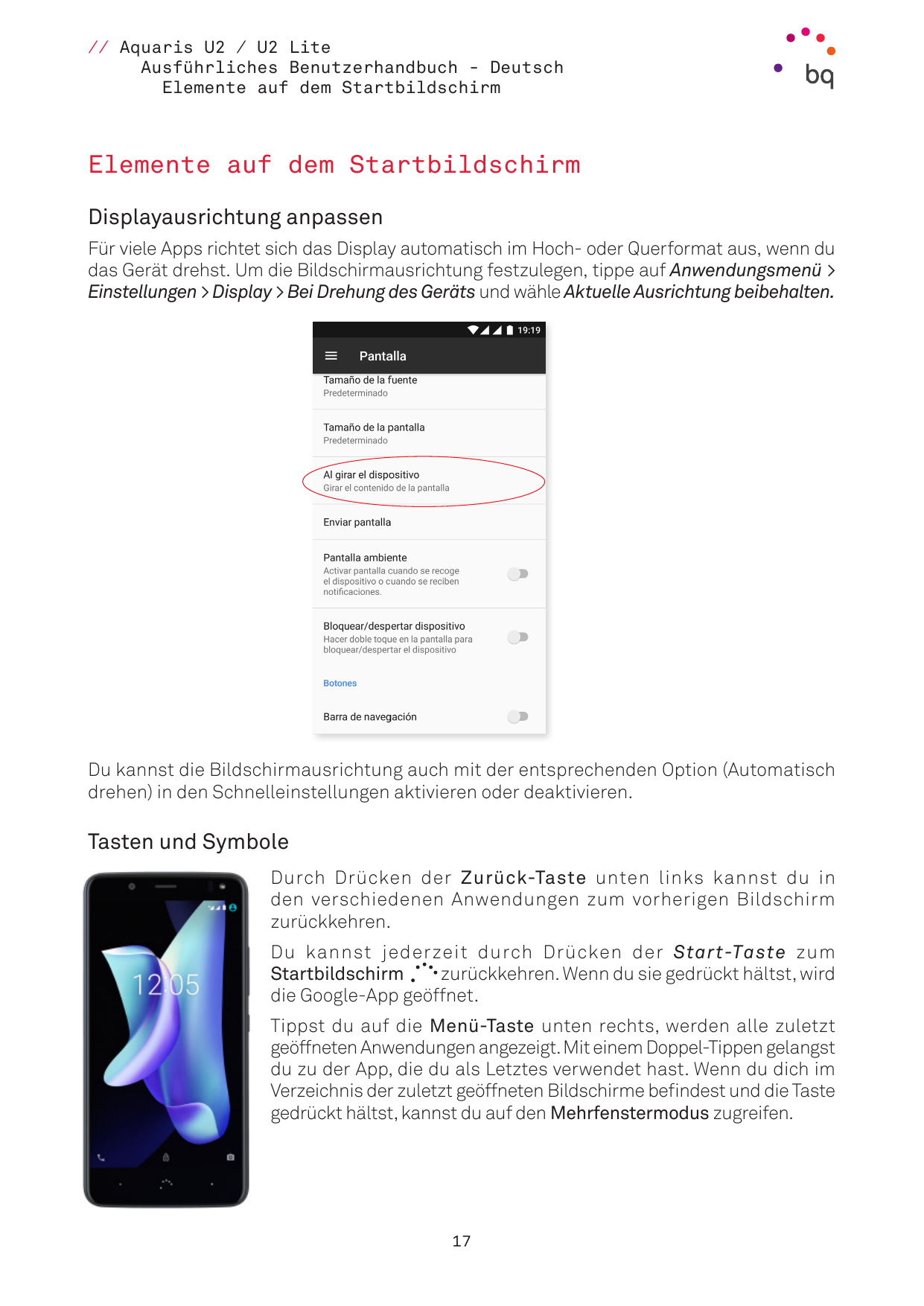 // Aquaris U2 / U2 LiteAusführliches Benutzerhandbuch - DeutschElemente auf dem StartbildschirmElemente auf dem StartbildschirmD