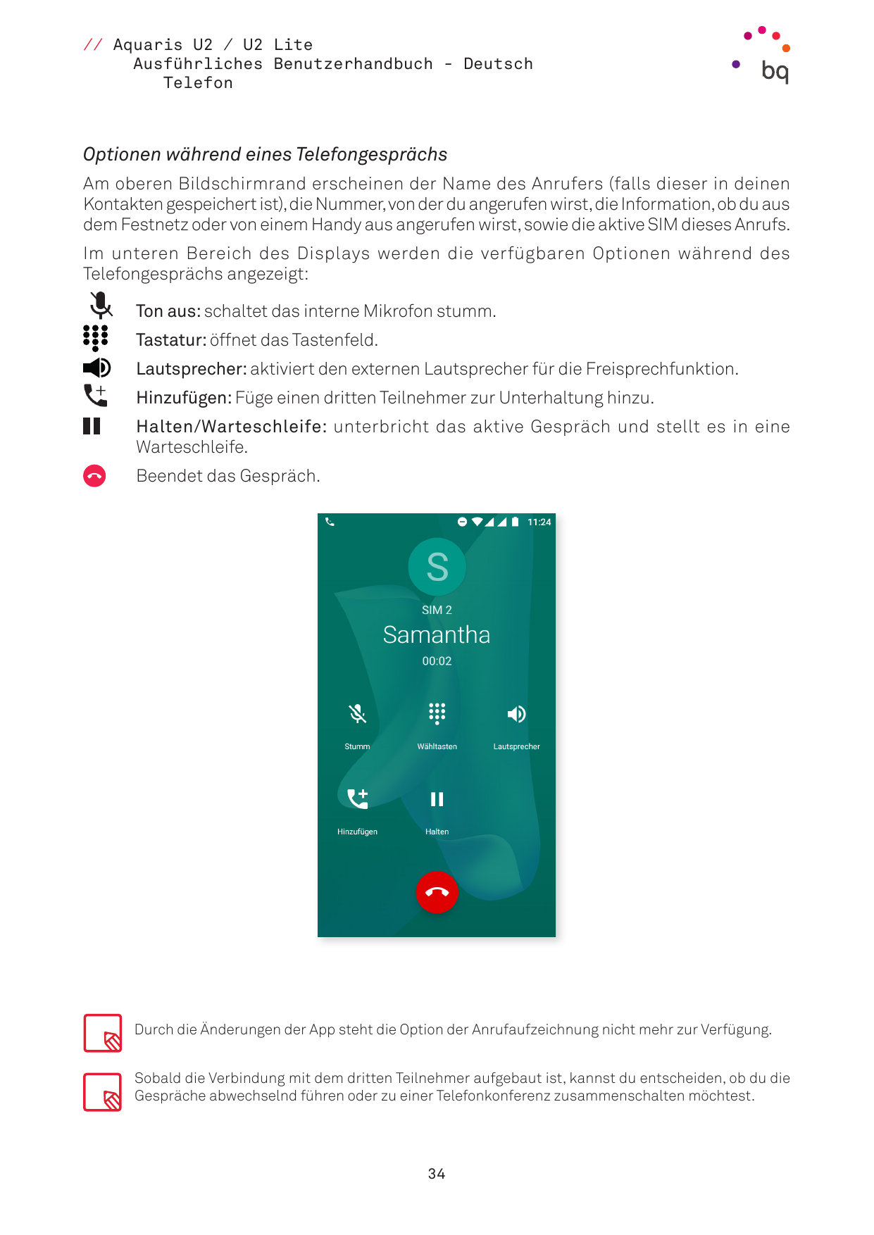 // Aquaris U2 / U2 LiteAusführliches Benutzerhandbuch - DeutschTelefonOptionen während eines TelefongesprächsAm oberen Bildschir