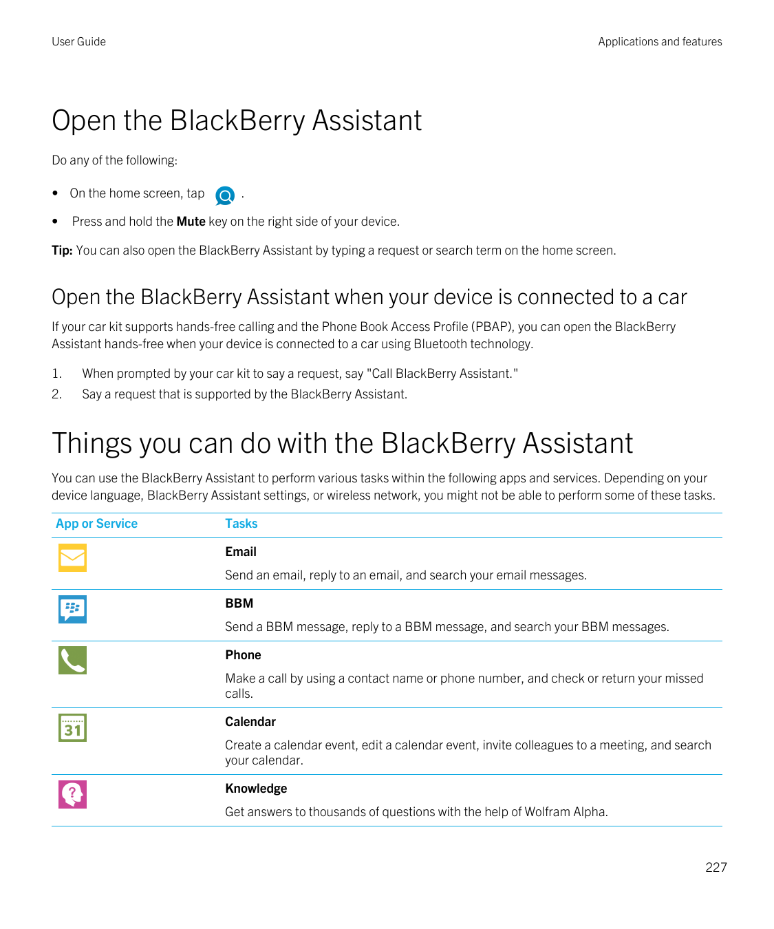 User GuideApplications and featuresOpen the BlackBerry AssistantDo any of the following:• On the home screen, tap•.Press and hol