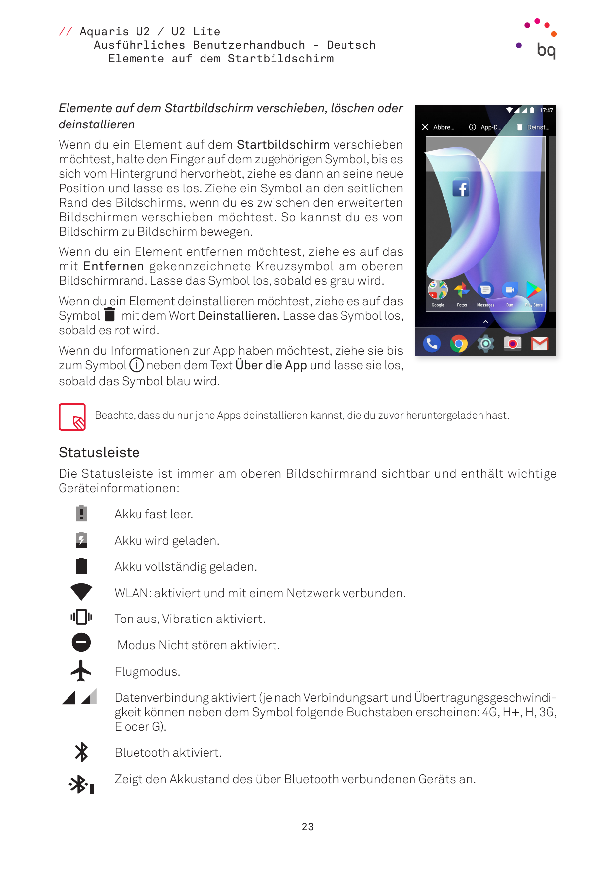 // Aquaris U2 / U2 LiteAusführliches Benutzerhandbuch - DeutschElemente auf dem StartbildschirmElemente auf dem Startbildschirm 