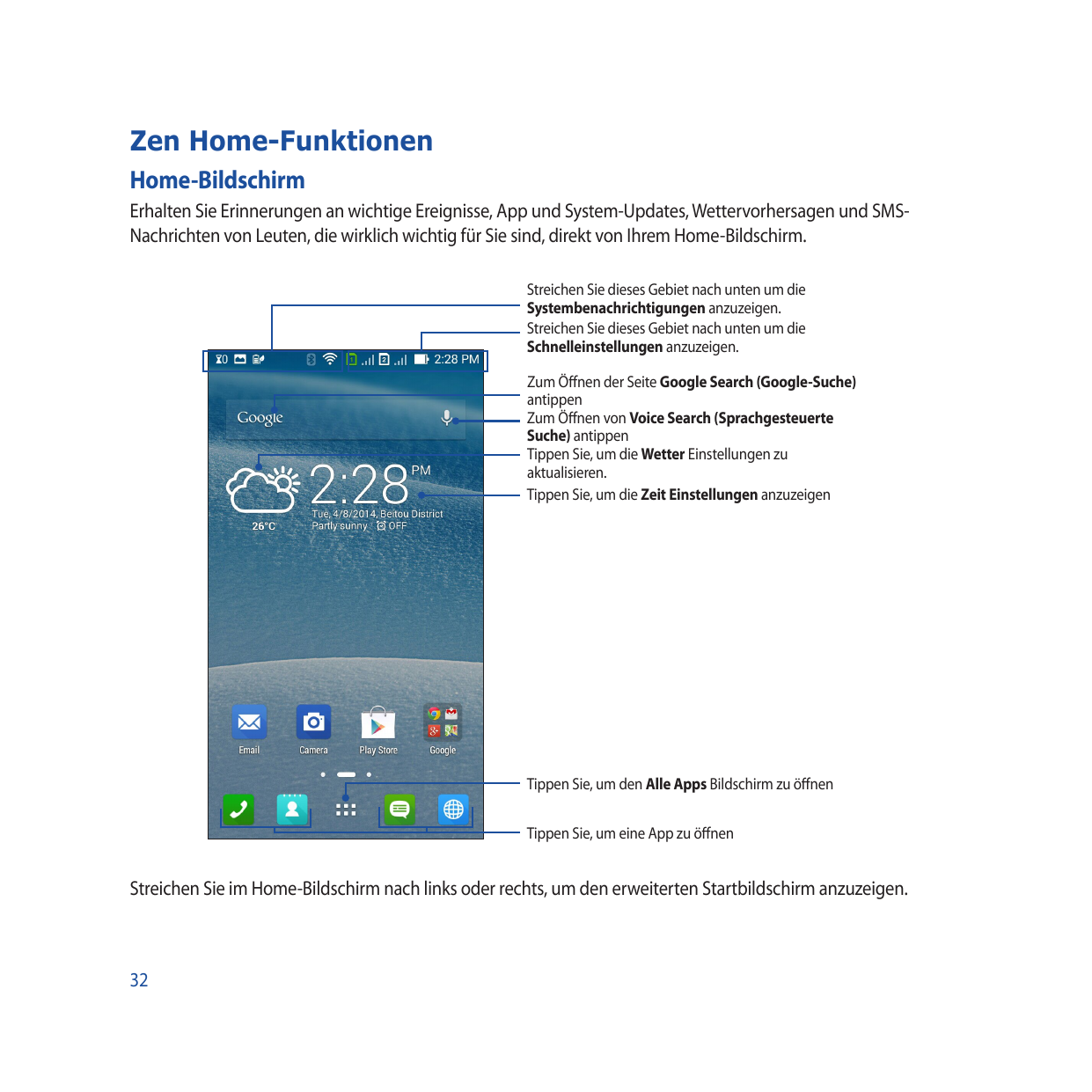 Zen Home-FunktionenHome-BildschirmErhalten Sie Erinnerungen an wichtige Ereignisse, App und System-Updates, Wettervorhersagen un