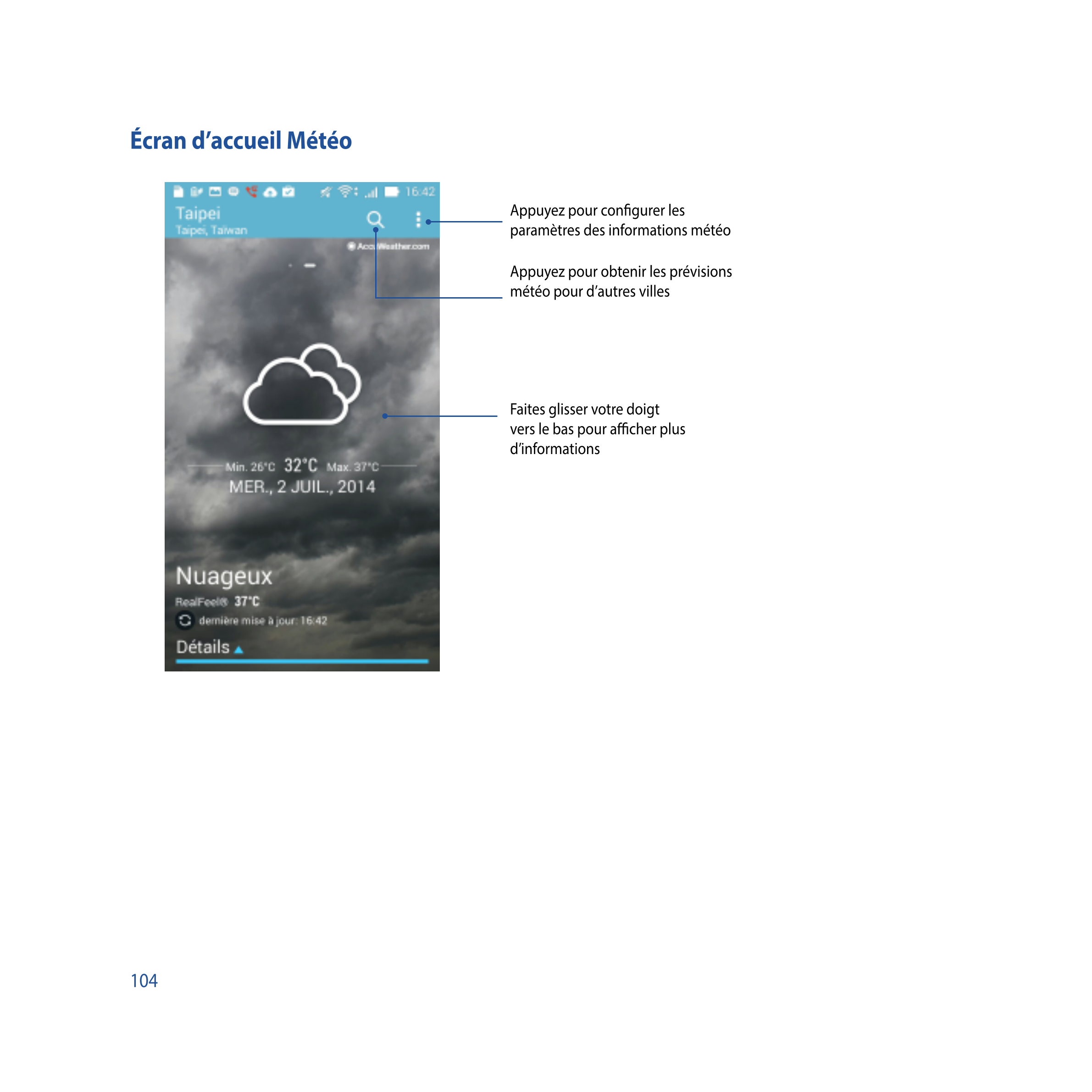 Écran d’accueil Météo
Appuyez pour conﬁgurer les 
paramètres des informations météo
Appuyez pour obtenir les prévisions 
météo p