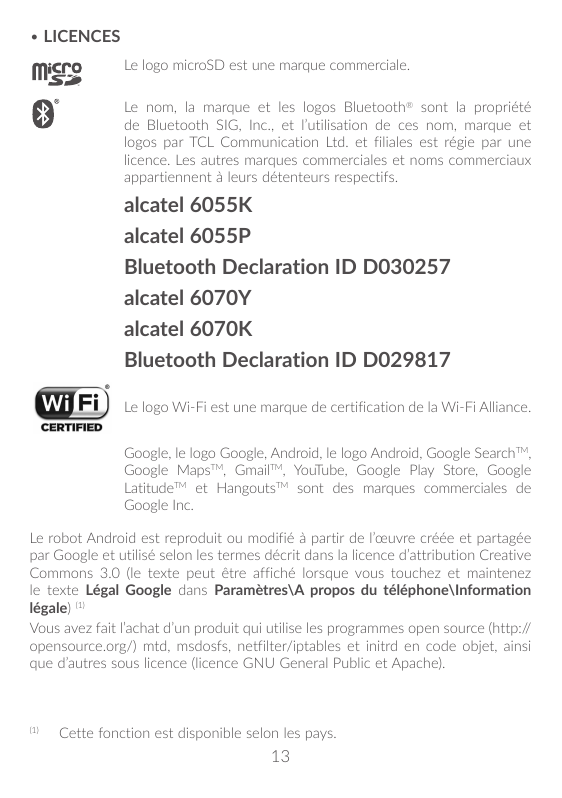 • LICENCESLe logo microSD est une marque commerciale. e nom, la marque et les logos Bluetooth® sont la propriétéLde Bluetooth SI