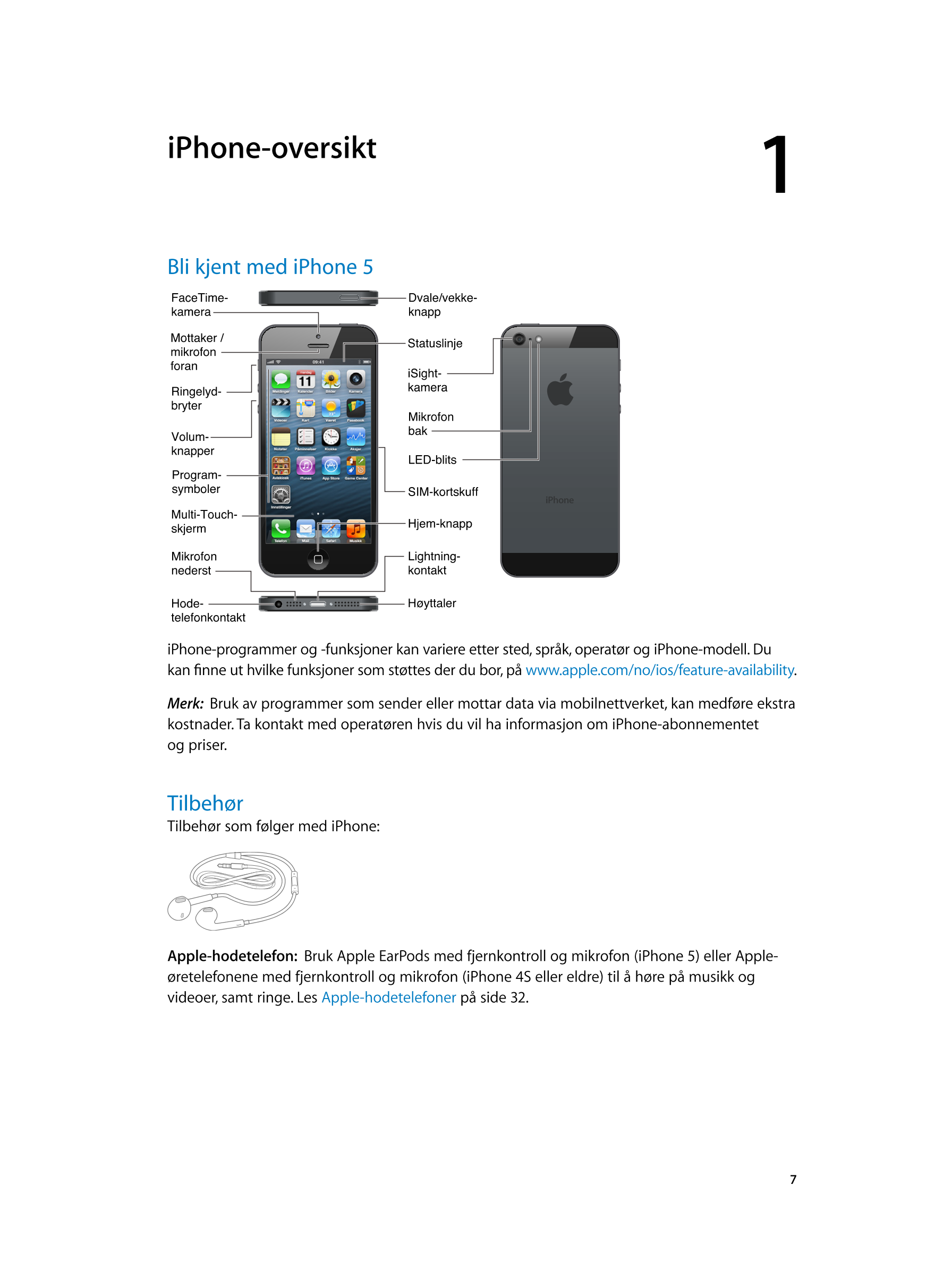   iPhone-oversikt 1
Bli kjent med iPhone  5
FaceTime- Dvale/vekke-
kamera knapp
Mottaker /
Statuslinje
mikrofon
foran
iSight-
Ri