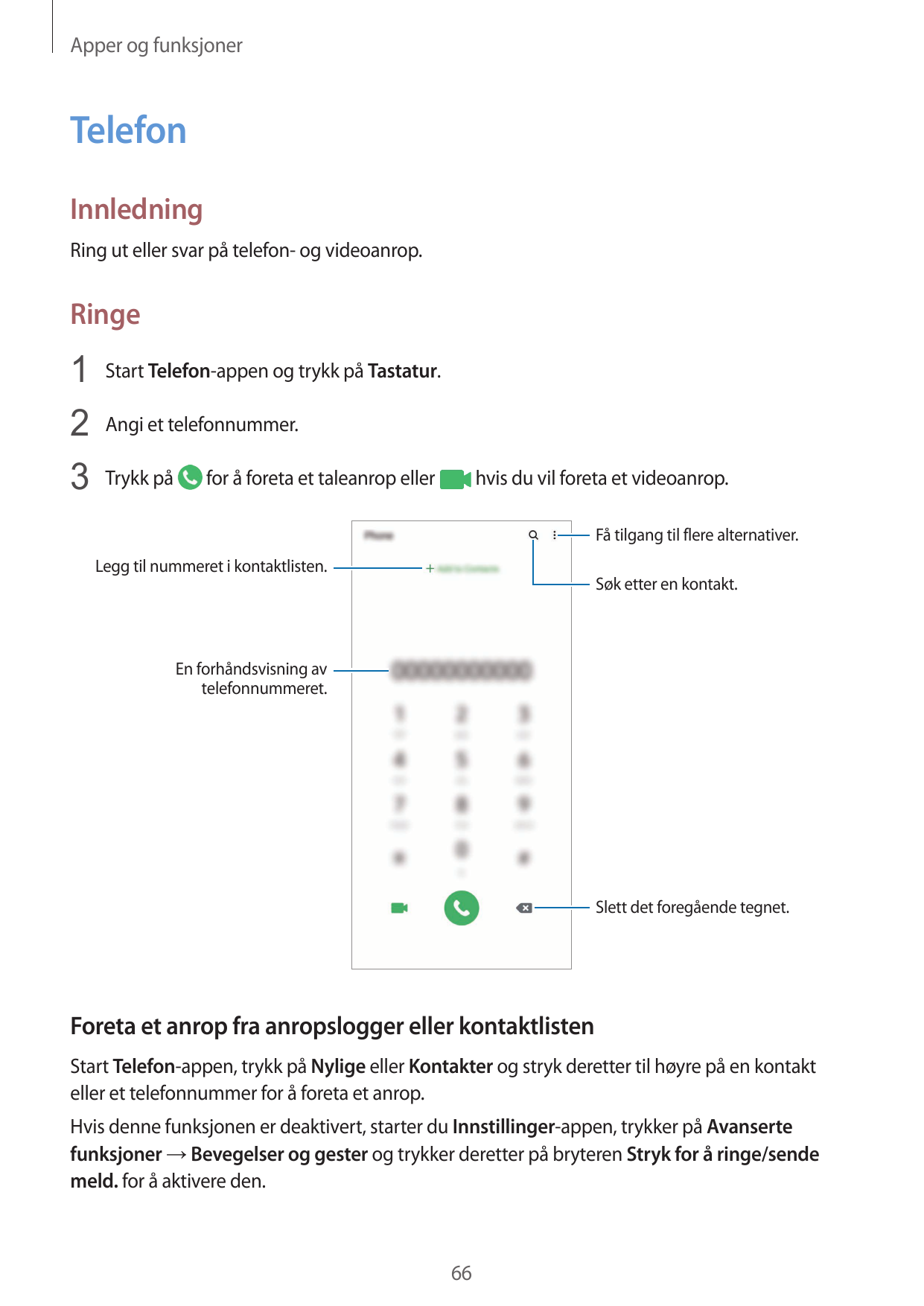 Apper og funksjonerTelefonInnledningRing ut eller svar på telefon- og videoanrop.Ringe1 Start Telefon-appen og trykk på Tastatur