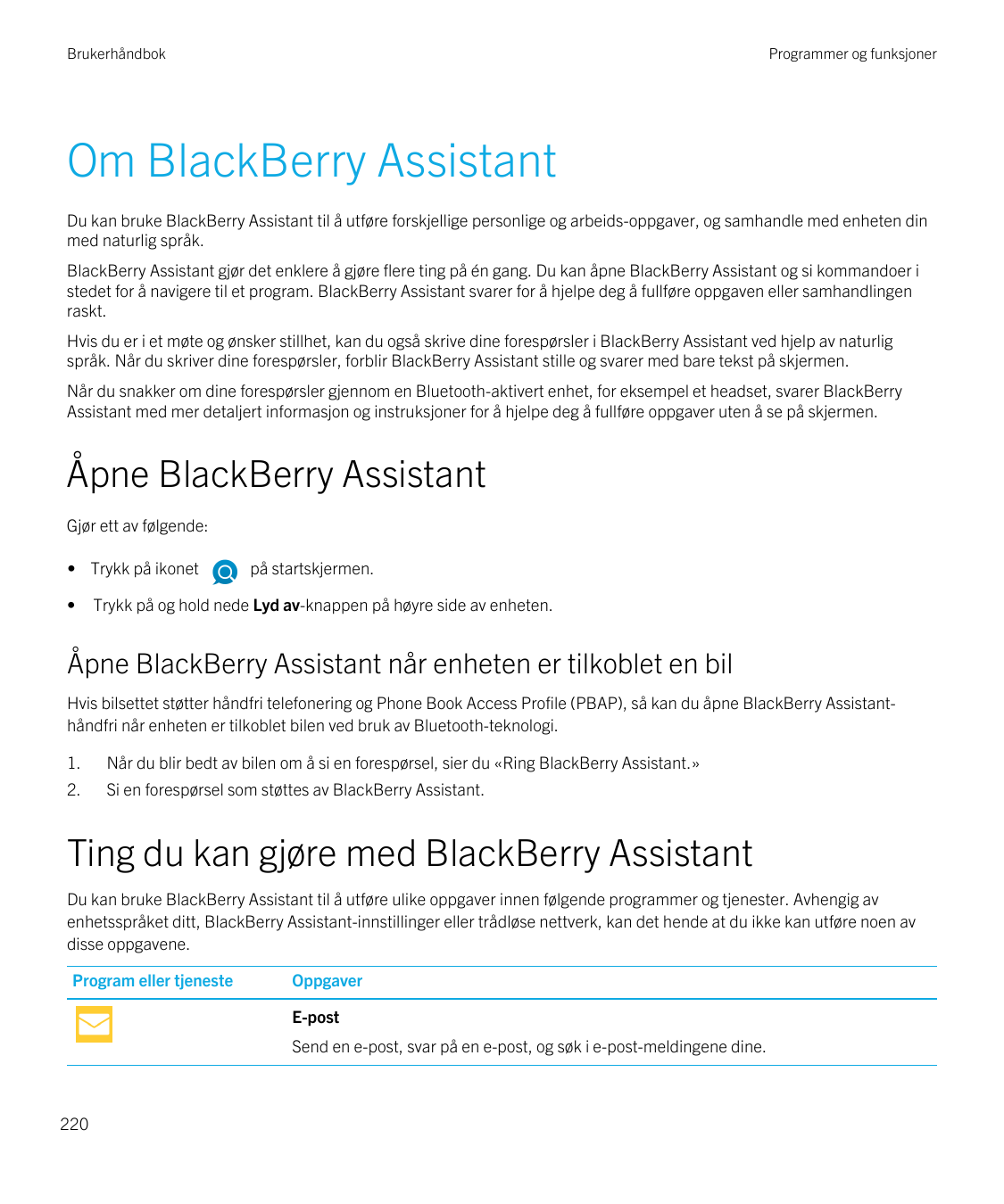 BrukerhåndbokProgrammer og funksjonerOm BlackBerry AssistantDu kan bruke BlackBerry Assistant til å utføre forskjellige personli