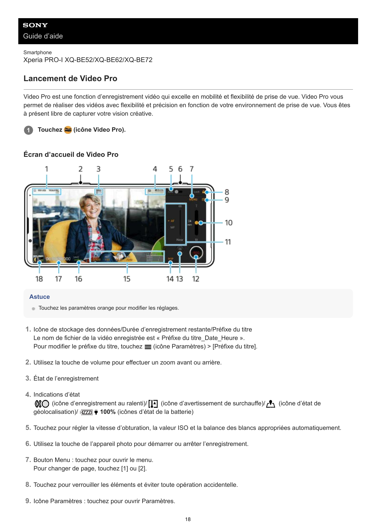 Guide d’aideSmartphoneXperia PRO-I XQ-BE52/XQ-BE62/XQ-BE72Lancement de Video ProVideo Pro est une fonction d’enregistrement vidé