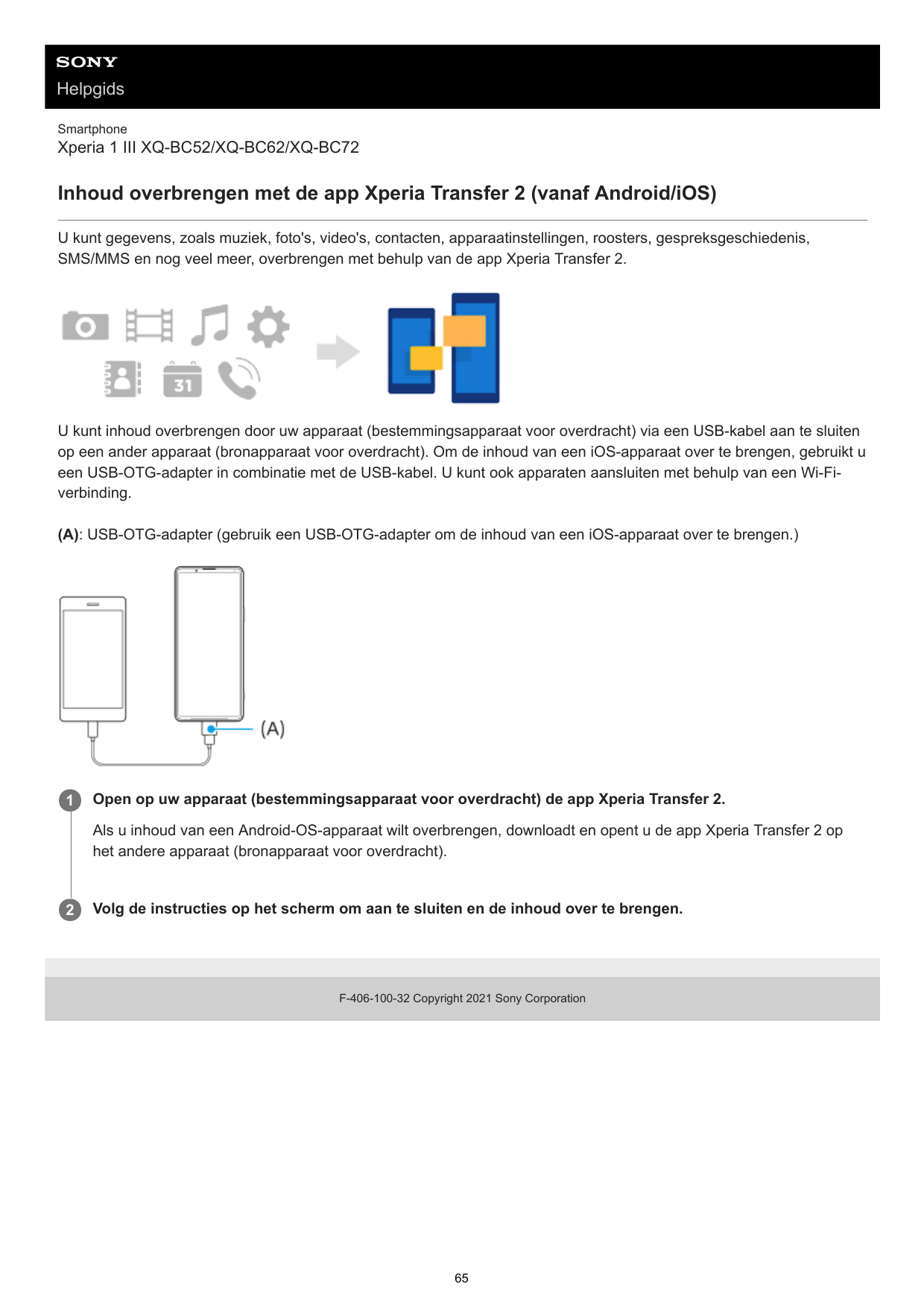 HelpgidsSmartphoneXperia 1 III XQ-BC52/XQ-BC62/XQ-BC72Inhoud overbrengen met de app Xperia Transfer 2 (vanaf Android/iOS)U kunt 