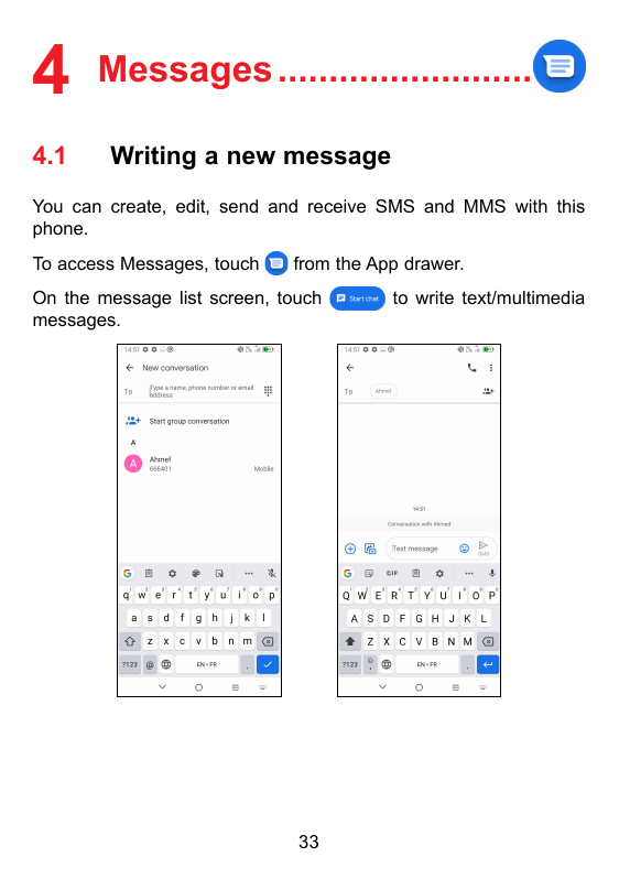 4 Messages..........................4.1Writing a new messageYou can create, edit, send and receive SMS and MMS with thisphone.To