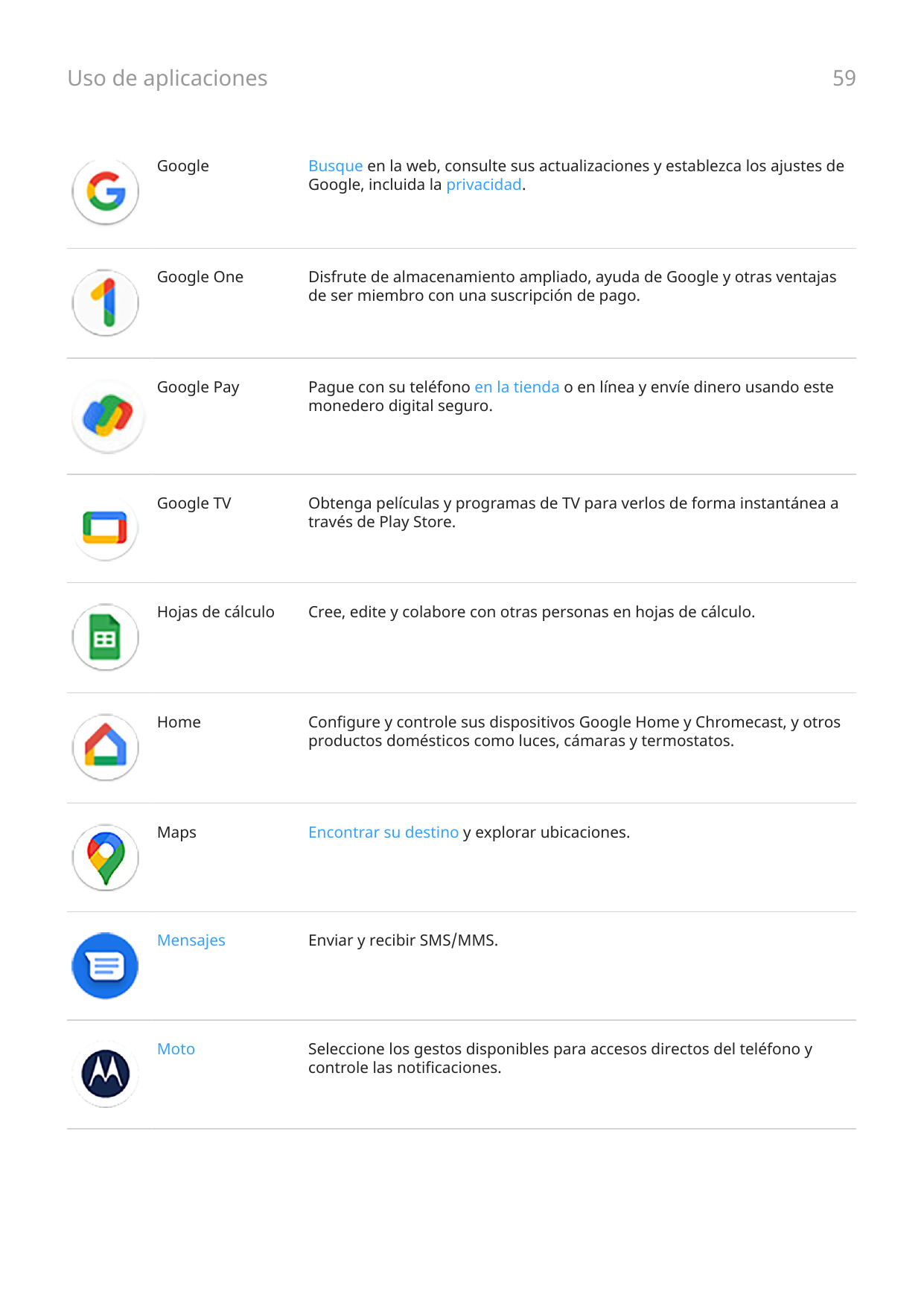 Uso de aplicaciones59GoogleBusque en la web, consulte sus actualizaciones y establezca los ajustes deGoogle, incluida la privaci