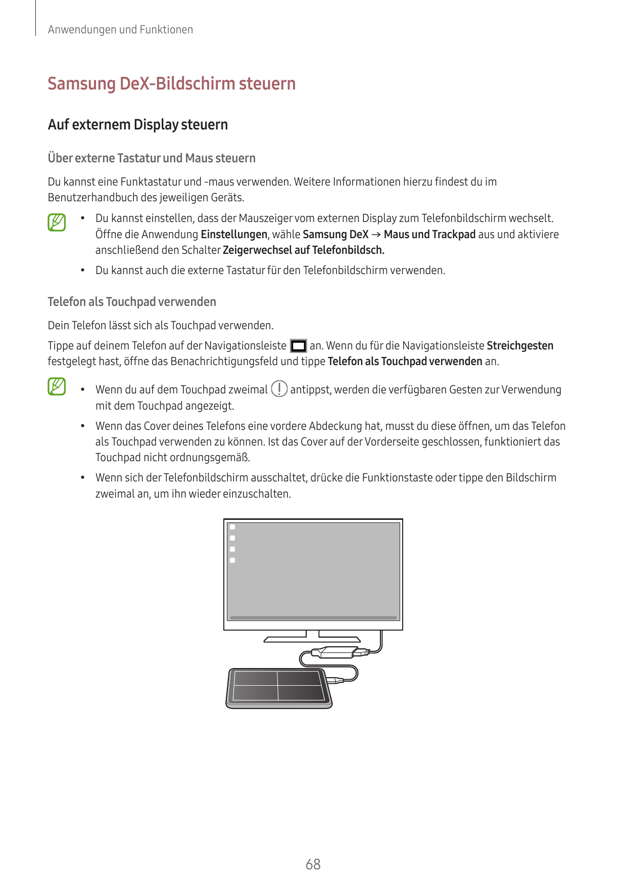Anwendungen und FunktionenSamsung DeX-Bildschirm steuernAuf externem Display steuernÜber externe Tastatur und Maus steuernDu kan