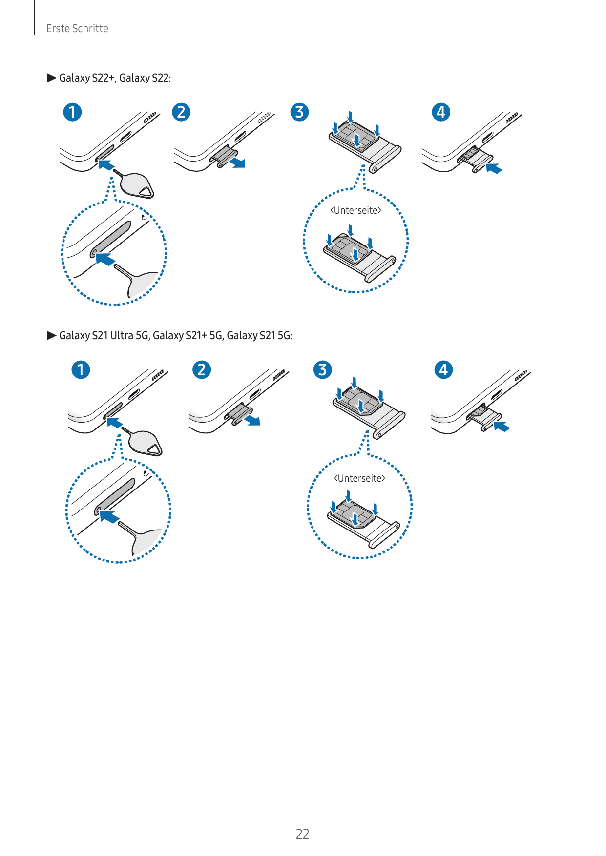 Erste Schritte▶ Galaxy S22+, Galaxy S22:1234<Unterseite>▶ Galaxy S21 Ultra 5G, Galaxy S21+ 5G, Galaxy S21 5G:1234<Unterseite>22
