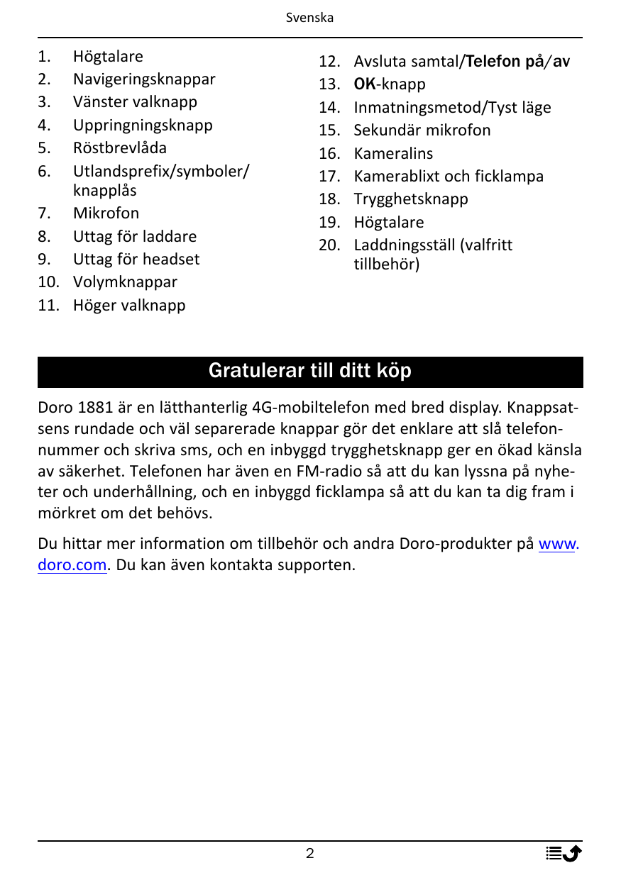 Svenska1.2.3.4.5.6.HögtalareNavigeringsknapparVänster valknappUppringningsknappRöstbrevlådaUtlandsprefix/symboler/knapplås7. Mik