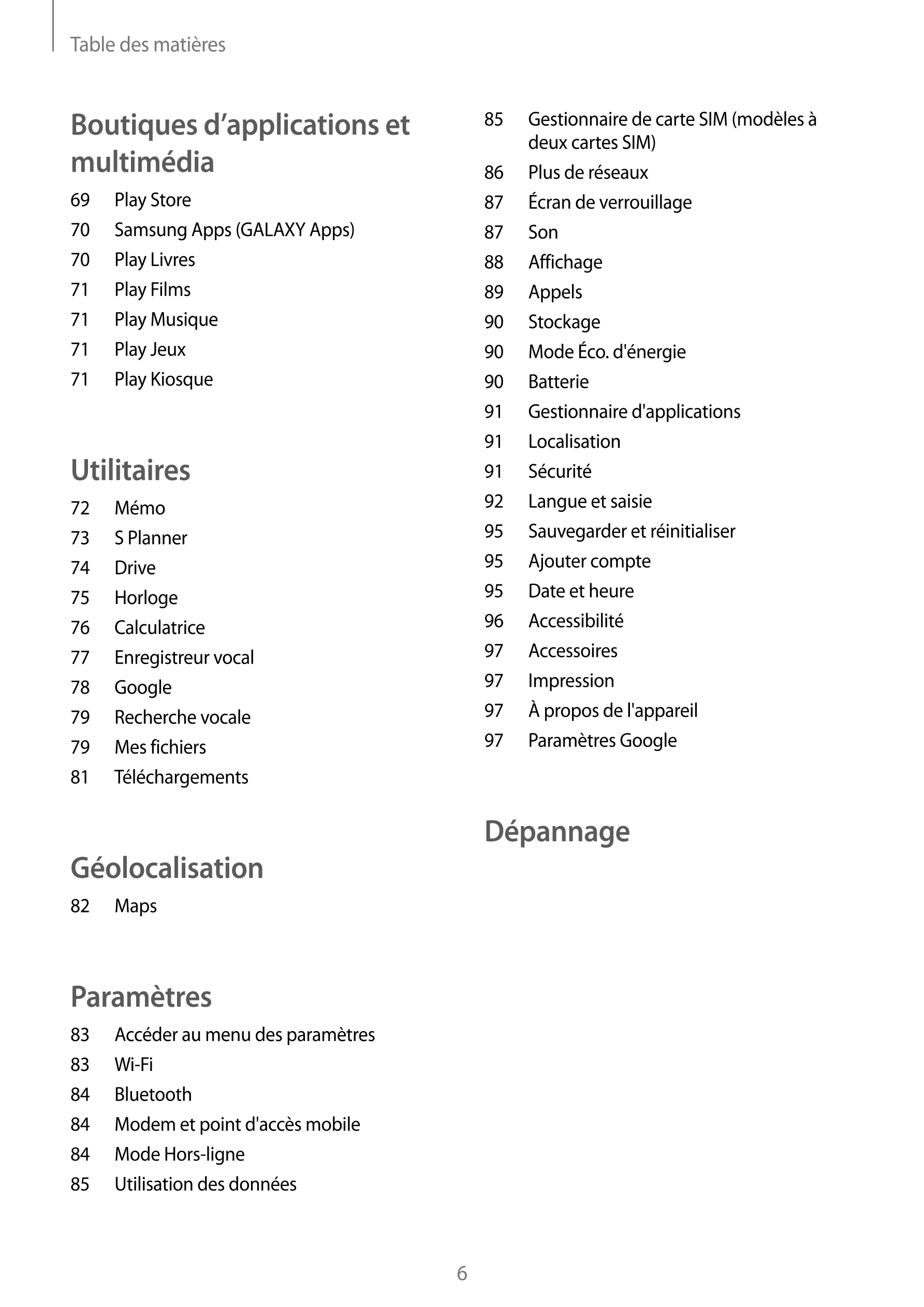 Table des matières
Boutiques d’applications et  85  Gestionnaire de carte SIM (modèles à 
deux cartes SIM)
multimédia 86  Plus d