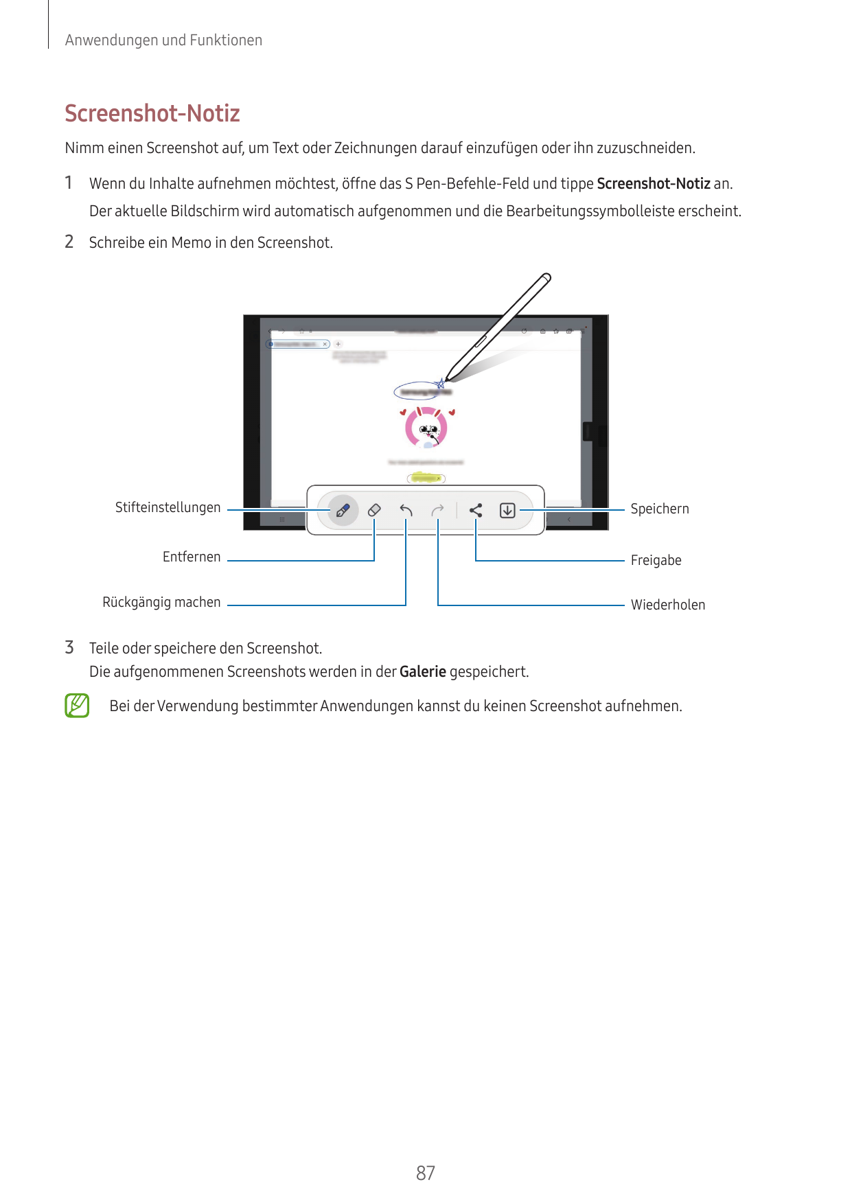Anwendungen und FunktionenScreenshot-NotizNimm einen Screenshot auf, um Text oder Zeichnungen darauf einzufügen oder ihn zuzusch