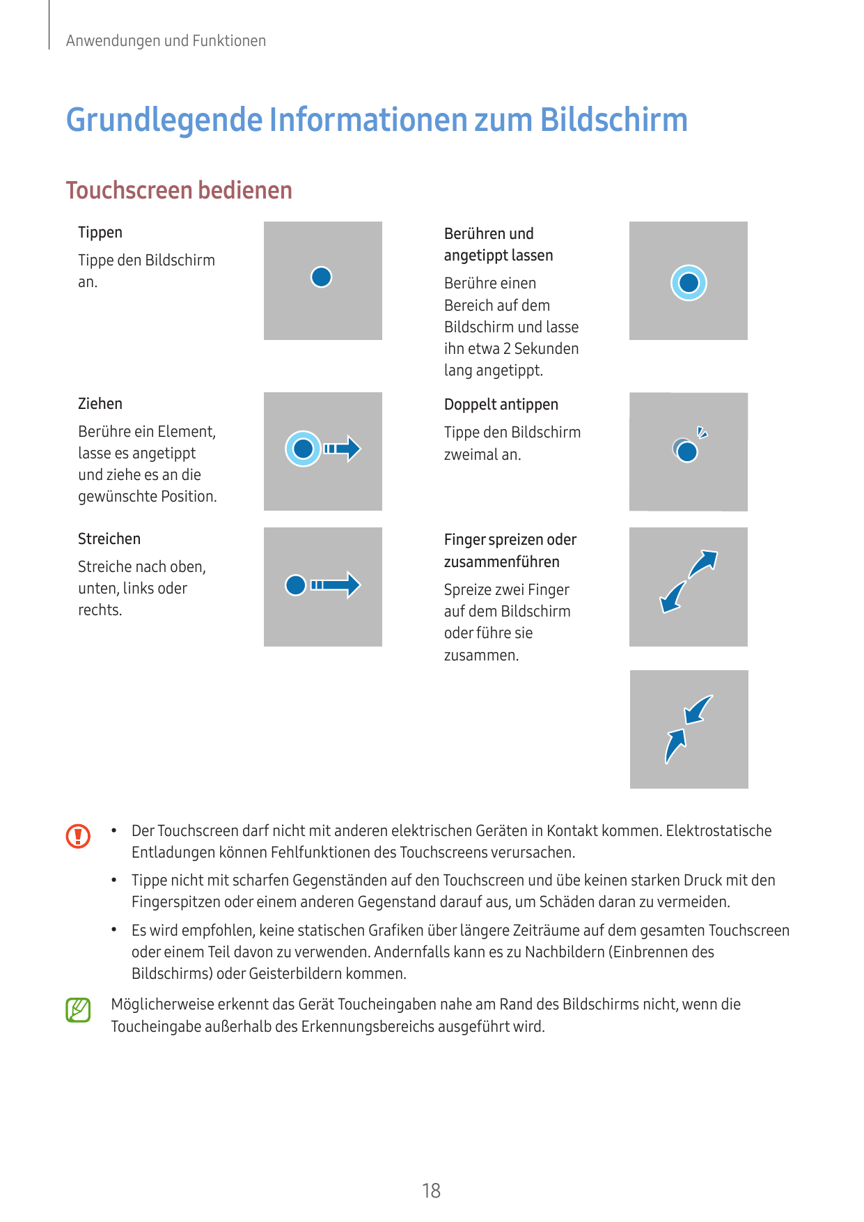 Anwendungen und FunktionenGrundlegende Informationen zum BildschirmTouchscreen bedienenTippenBerühren undangetippt lassenTippe d