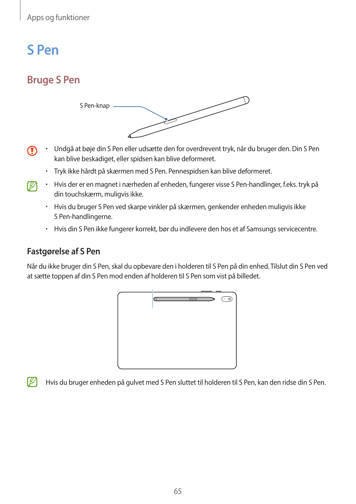 Apps og funktionerS PenBruge S PenS Pen-knap•  Undgå at bøje din S Pen eller udsætte den for overdrevent tryk, når du bruger den