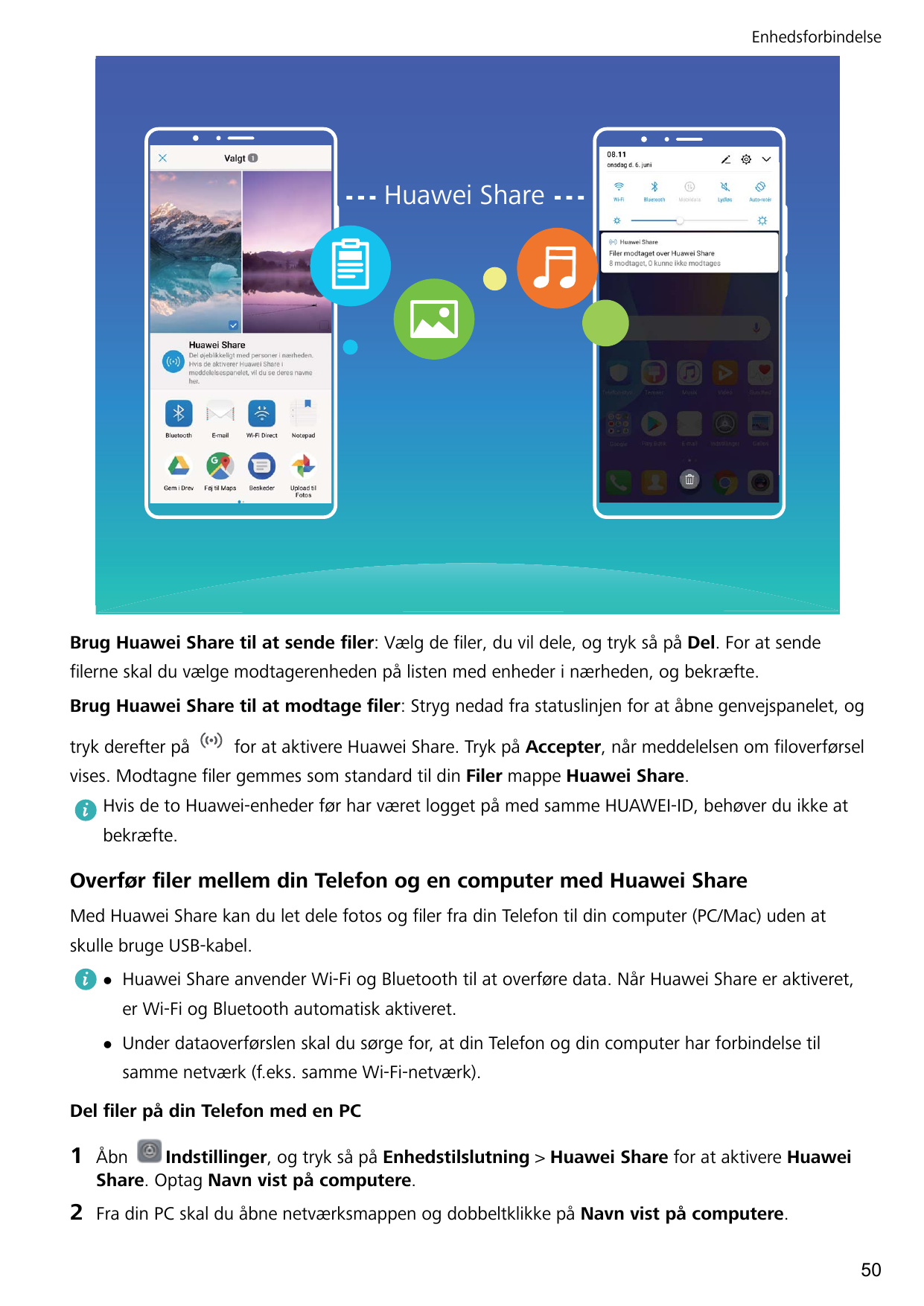 EnhedsforbindelseHuawei ShareBrug Huawei Share til at sende filer: Vælg de filer, du vil dele, og tryk så på Del. For at sendefi