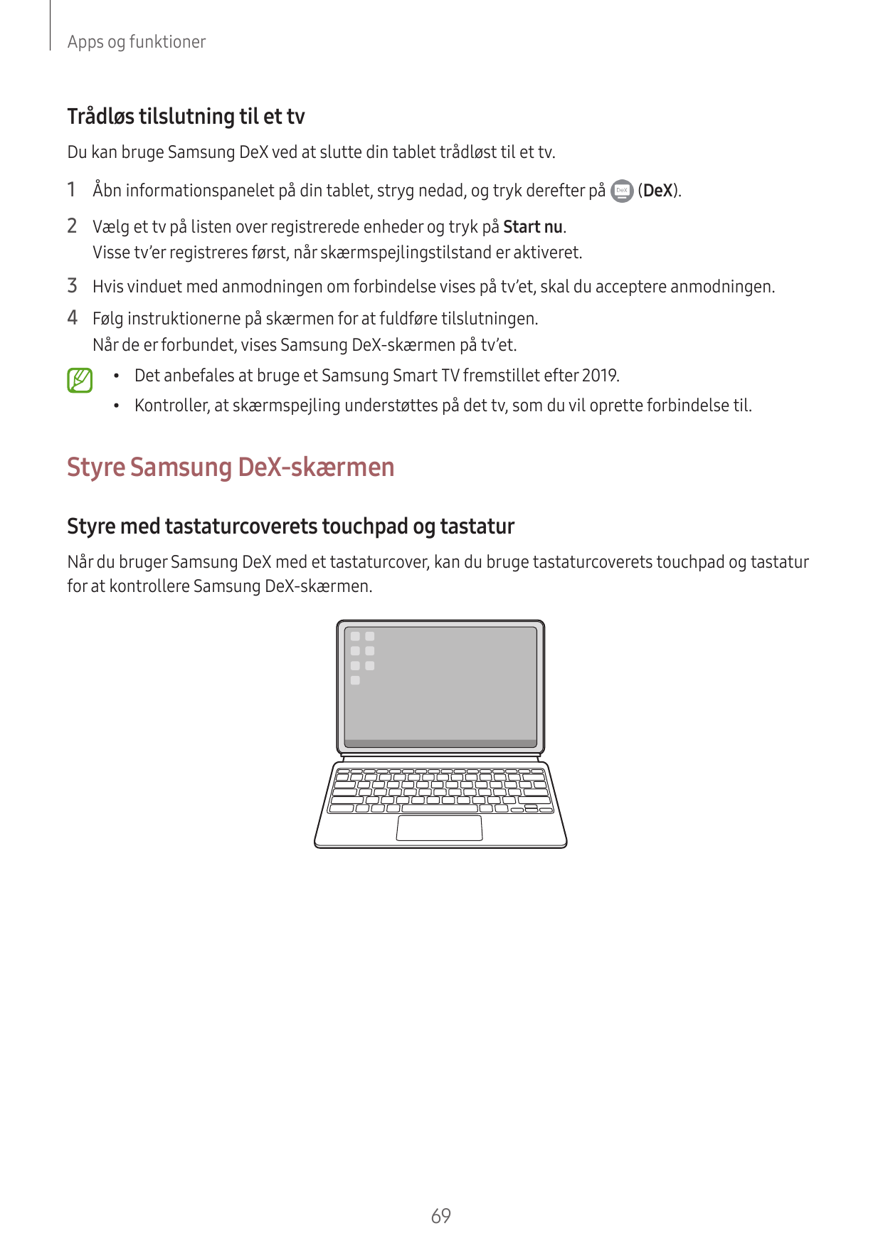 Apps og funktionerTrådløs tilslutning til et tvDu kan bruge Samsung DeX ved at slutte din tablet trådløst til et tv.1 Åbn inform