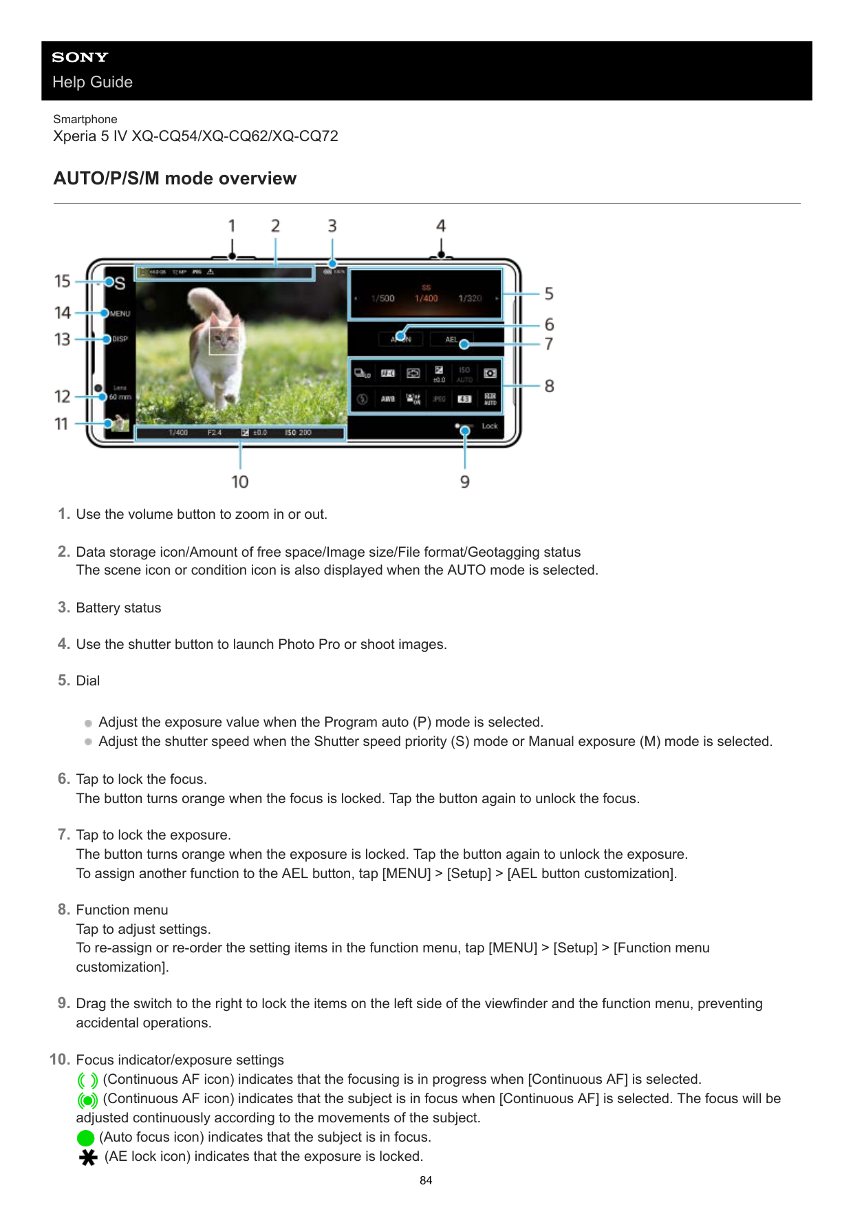 Help GuideSmartphoneXperia 5 IV XQ-CQ54/XQ-CQ62/XQ-CQ72AUTO/P/S/M mode overview1. Use the volume button to zoom in or out.2. Dat