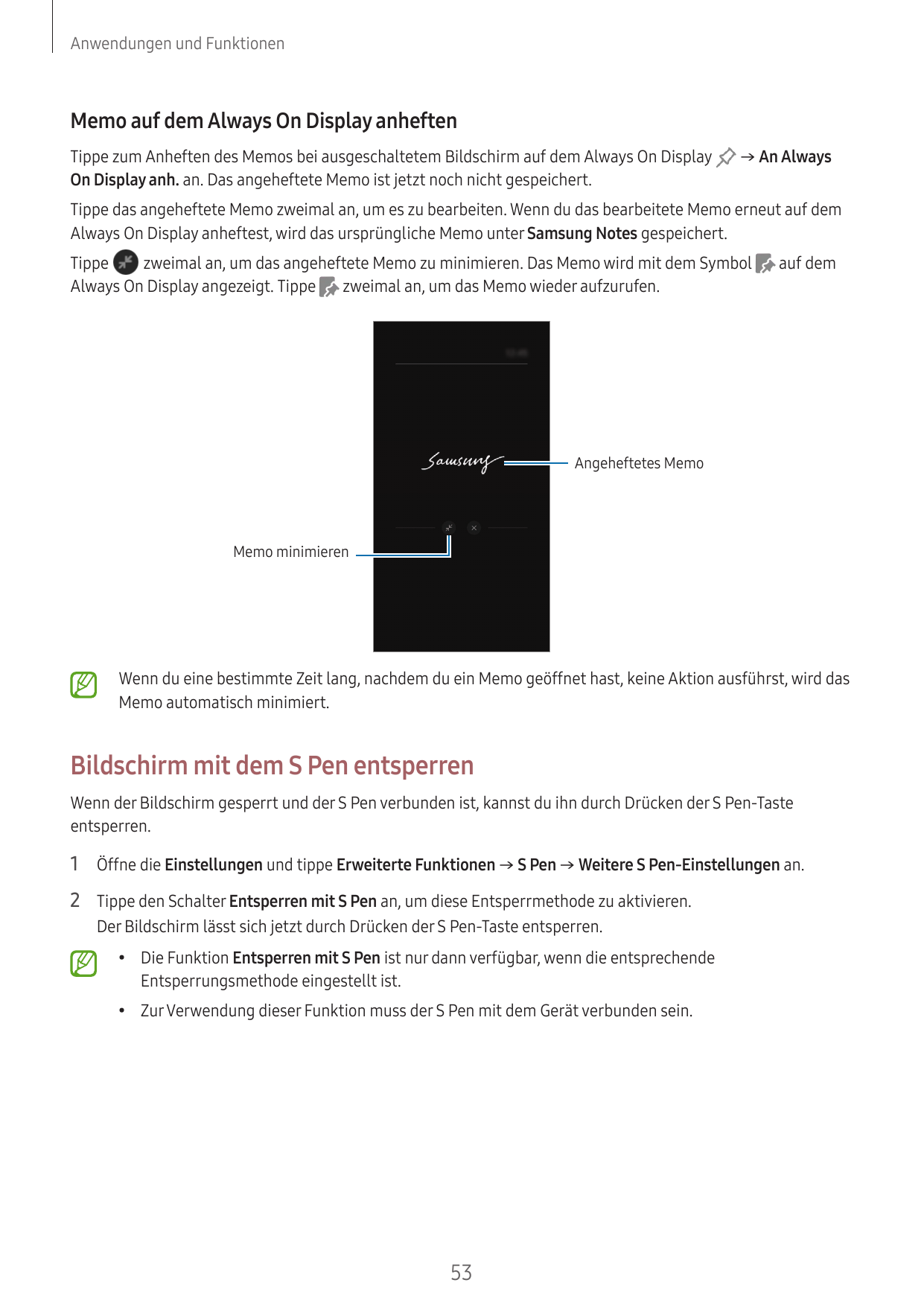 Anwendungen und FunktionenMemo auf dem Always On Display anheftenTippe zum Anheften des Memos bei ausgeschaltetem Bildschirm auf