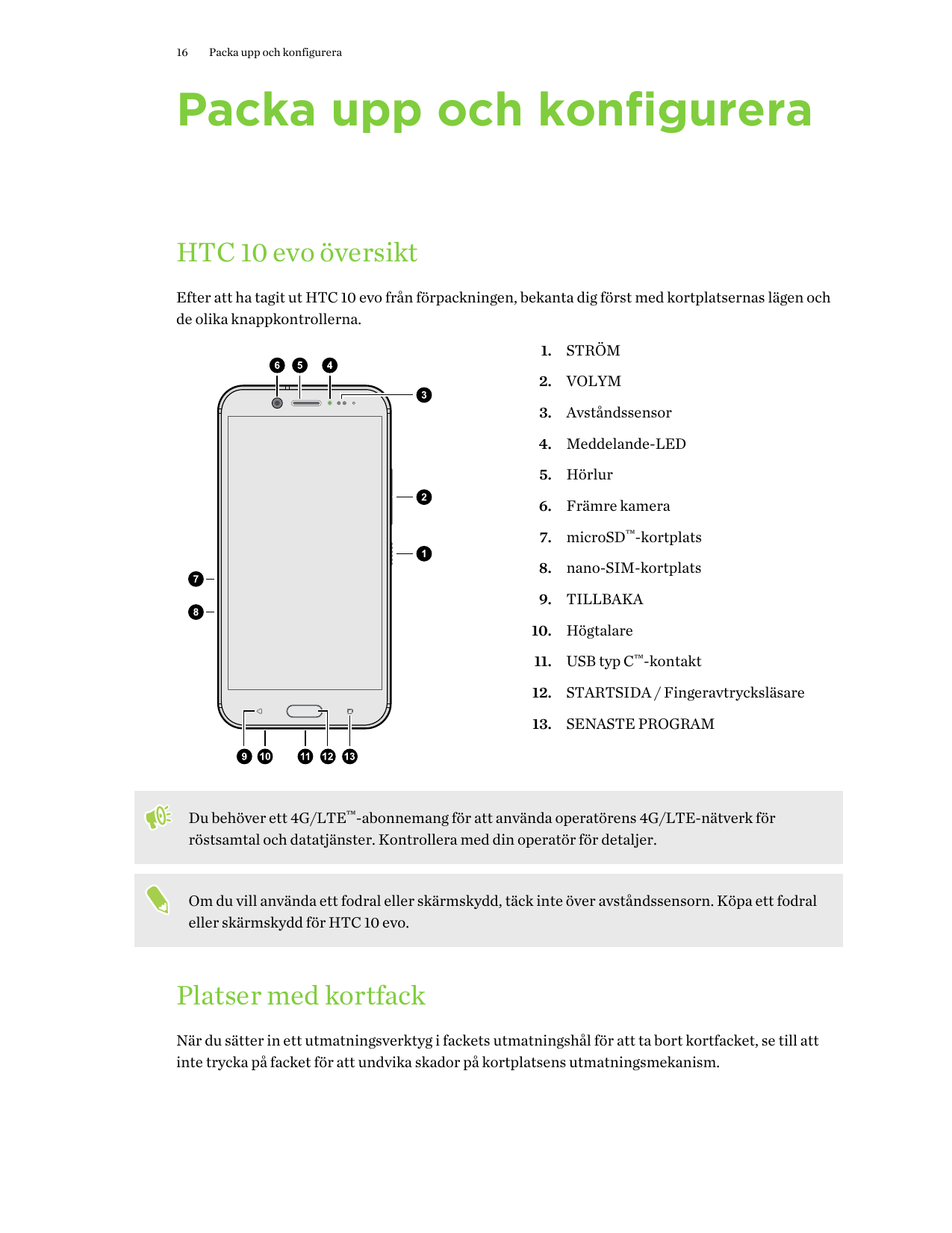 16Packa upp och konfigureraPacka upp och konfigureraHTC 10 evo översiktEfter att ha tagit ut HTC 10 evo från förpackningen, beka