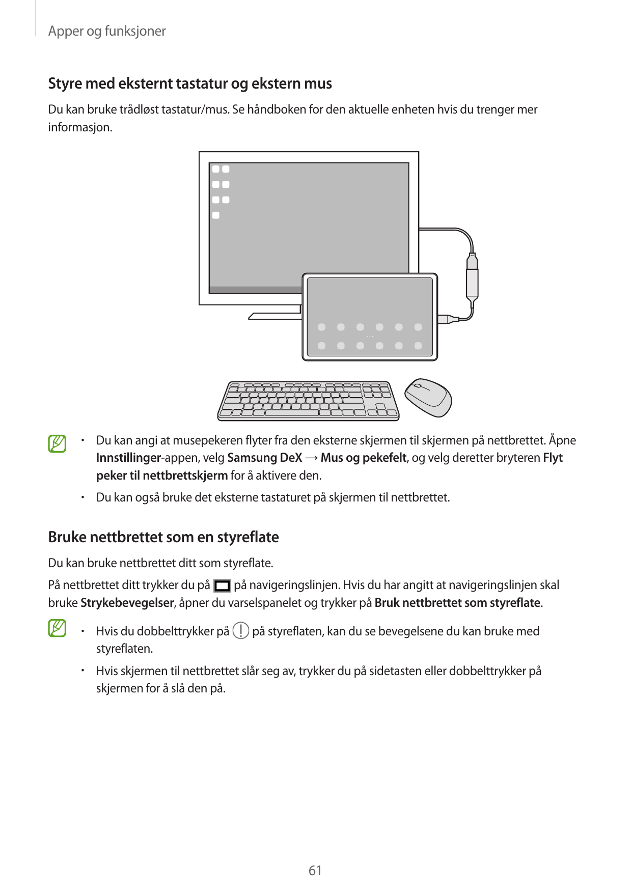 Apper og funksjonerStyre med eksternt tastatur og ekstern musDu kan bruke trådløst tastatur/mus. Se håndboken for den aktuelle e