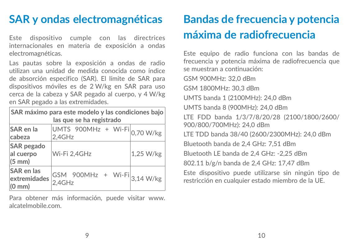 SAR y ondas electromagnéticasEste dispositivo cumple con las directricesinternacionales en materia de exposición a ondaselectrom