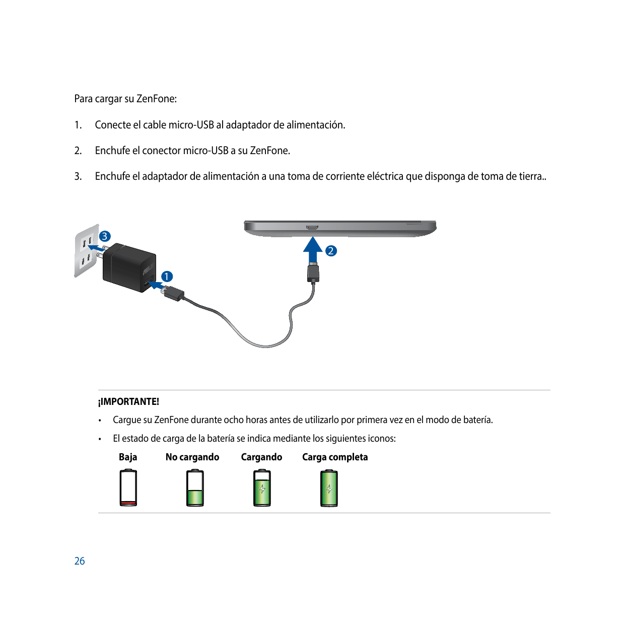 Para cargar su ZenFone:1.  Conecte el cable micro-USB al adaptador de alimentación.2.  Enchufe el conector micro-USB a su ZenFon