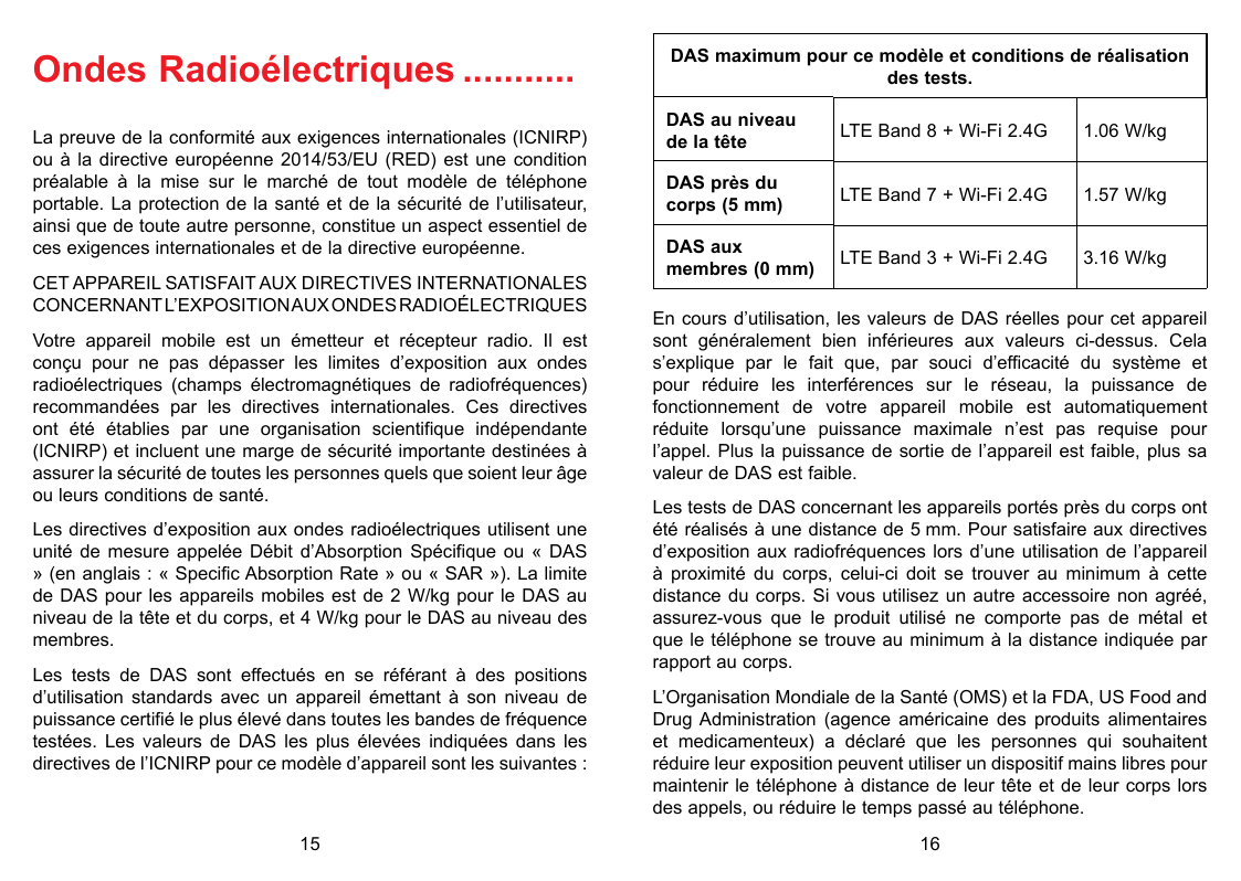 Ondes Radioélectriques............La preuve de la conformité aux exigences internationales (ICNIRP)ou à la directive européenne 