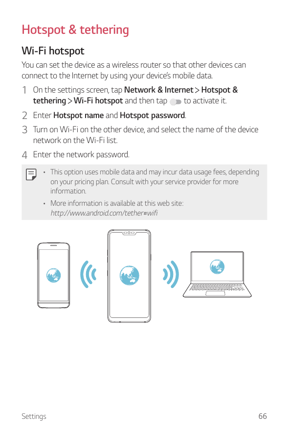 Hotspot & tetheringWi-Fi hotspotYou can set the device as a wireless router so that other devices canconnect to the Internet by 