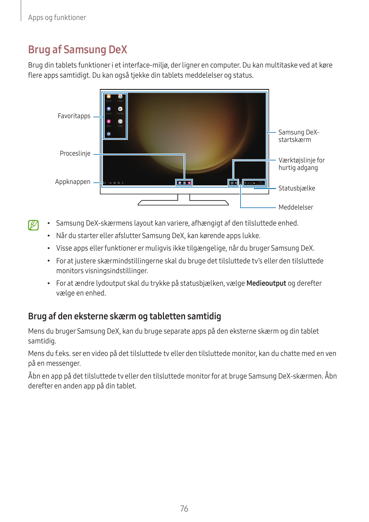 Apps og funktionerBrug af Samsung DeXBrug din tablets funktioner i et interface-miljø, der ligner en computer. Du kan multitaske