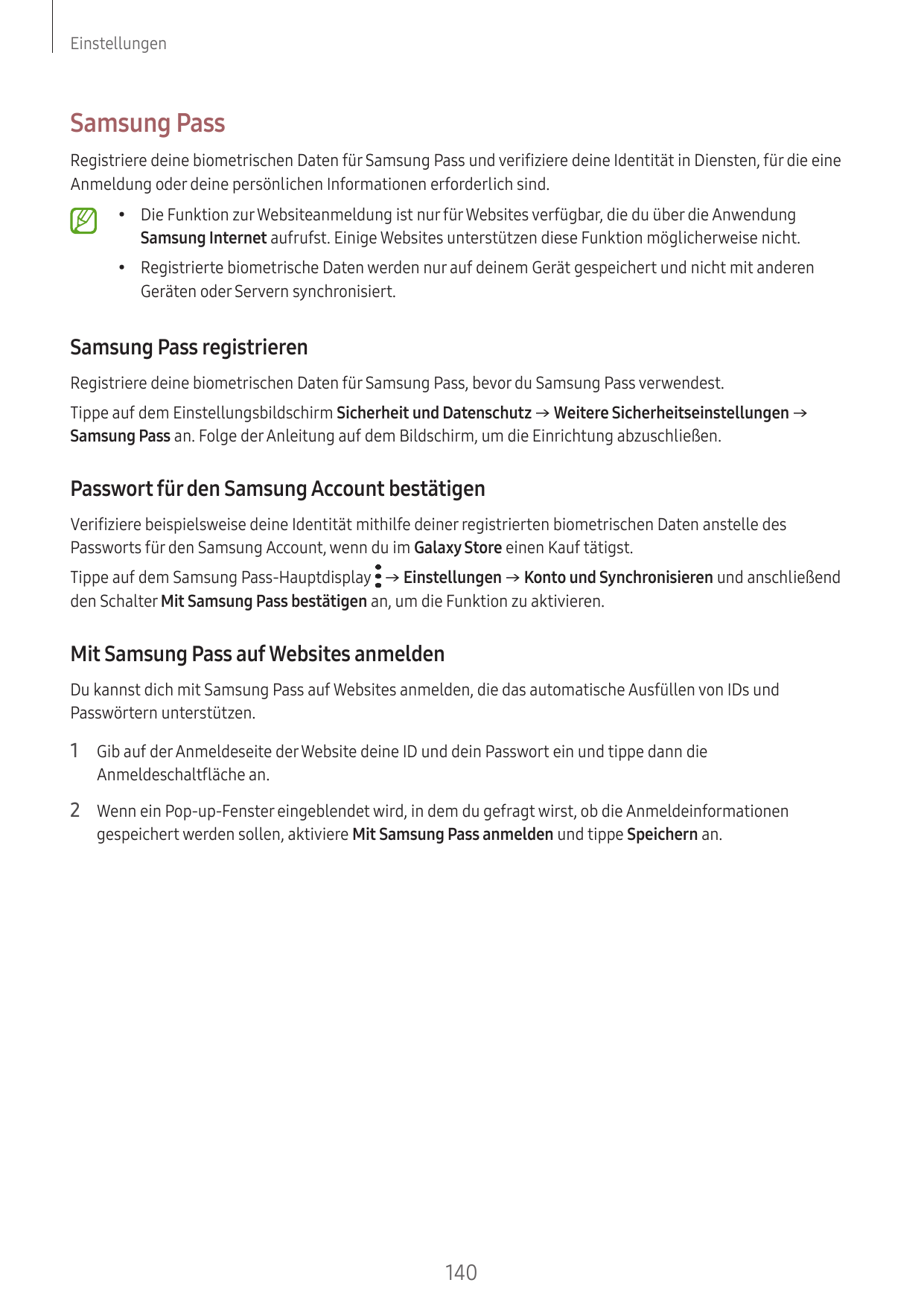 EinstellungenSamsung PassRegistriere deine biometrischen Daten für Samsung Pass und verifiziere deine Identität in Diensten, für