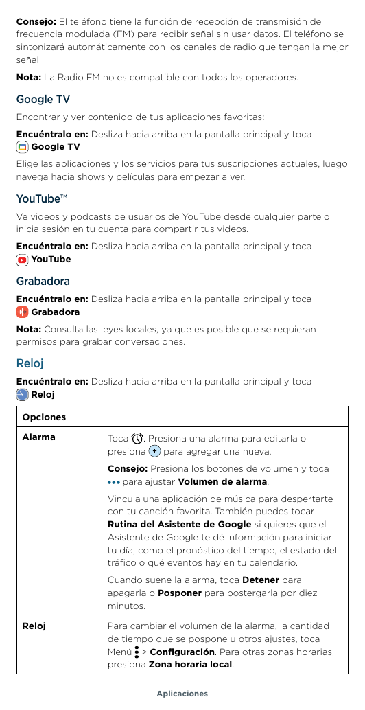 Consejo: El teléfono tiene la función de recepción de transmisión defrecuencia modulada (FM) para recibir señal sin usar datos. 