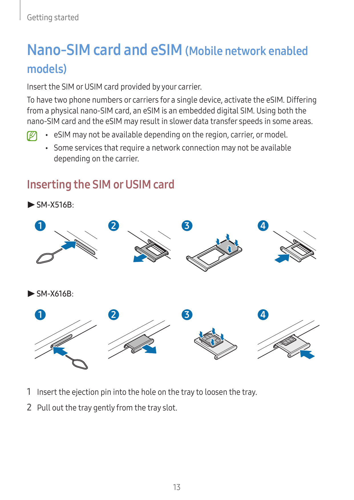 Getting startedNano-SIM card and eSIM (Mobile network enabledmodels)Insert the SIM or USIM card provided by your carrier.To have