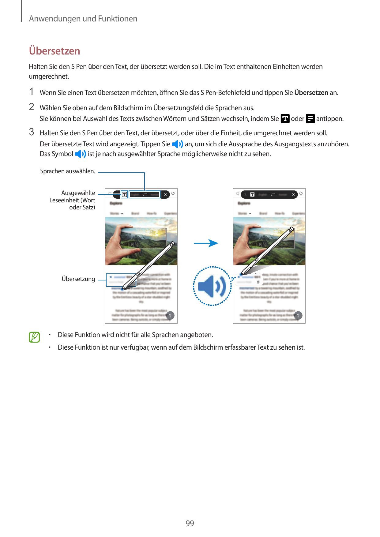 Anwendungen und FunktionenÜbersetzenHalten Sie den S Pen über den Text, der übersetzt werden soll. Die im Text enthaltenen Einhe