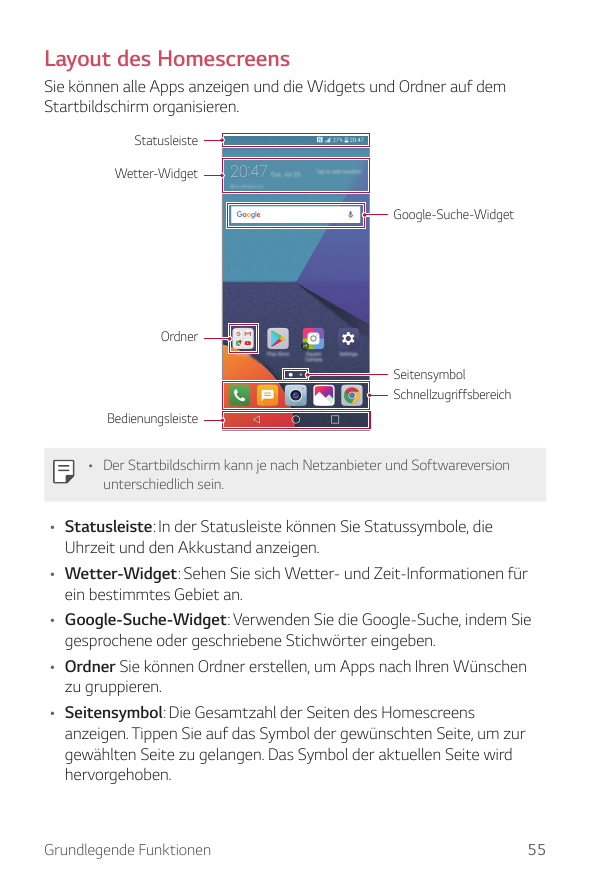 Layout des HomescreensSie können alle Apps anzeigen und die Widgets und Ordner auf demStartbildschirm organisieren.StatusleisteW