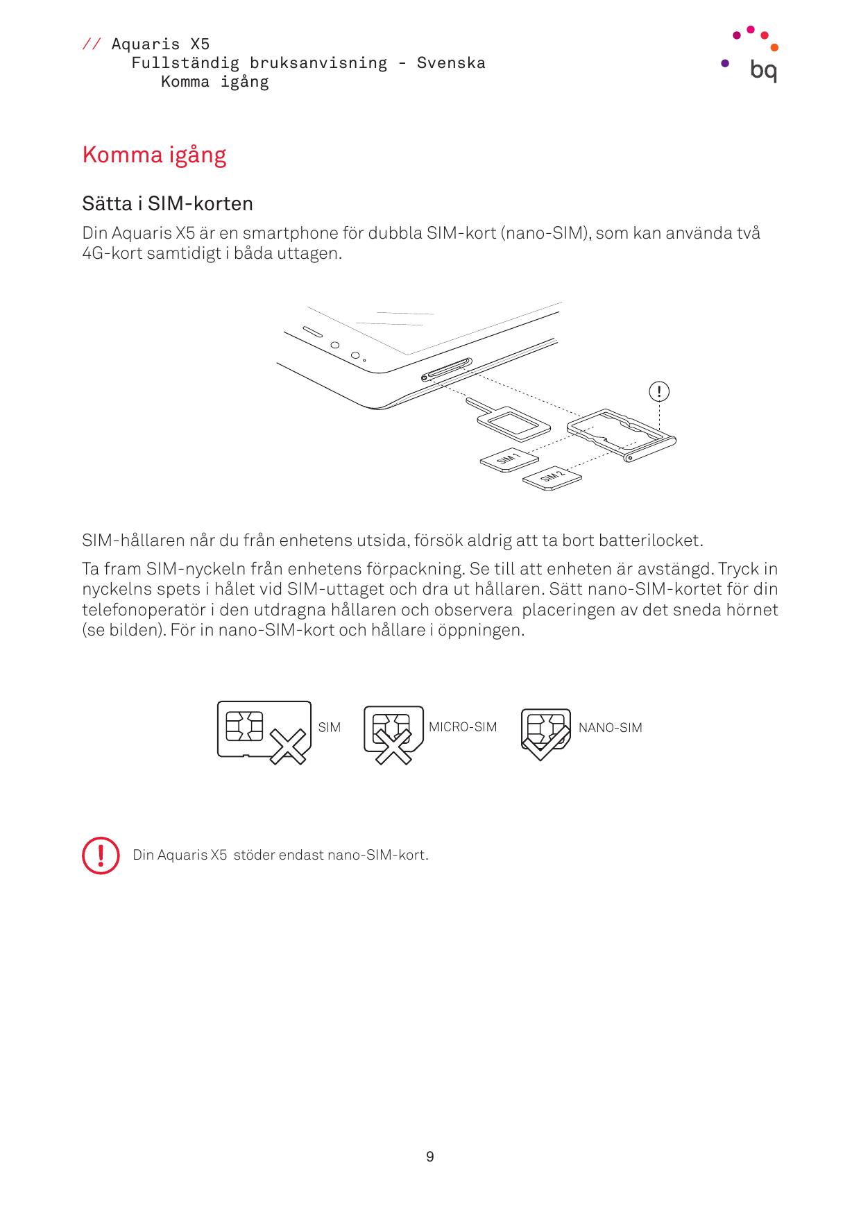 // Aquaris X5Fullständig bruksanvisning - SvenskaKomma igångKomma igångSätta i SIM-kortenDin Aquaris X5 är en smartphone för dub