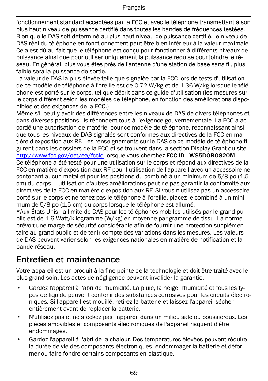 Françaisfonctionnement standard acceptées par la FCC et avec le téléphone transmettant à sonplus haut niveau de puissance certif