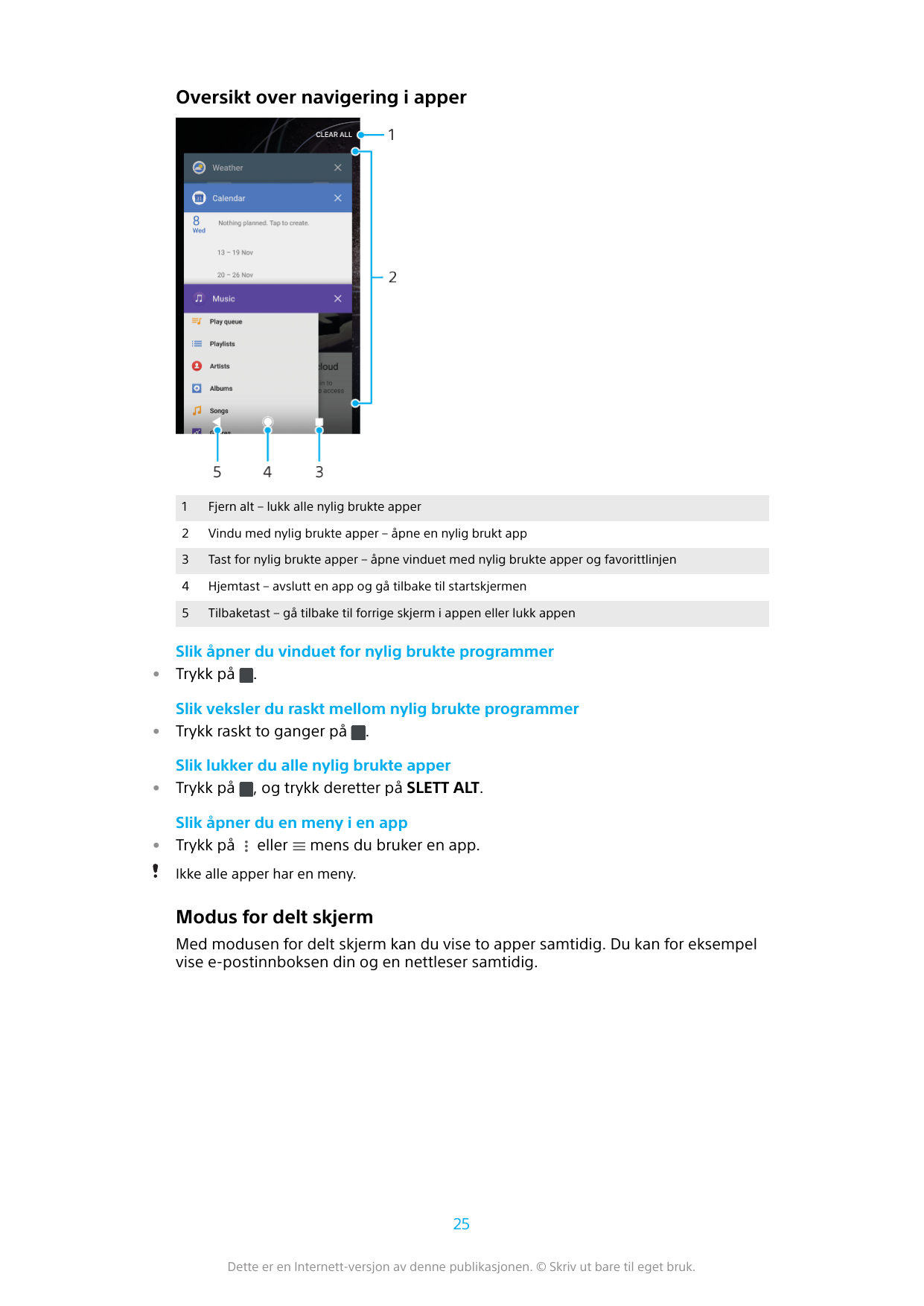 Oversikt over navigering i apper1Fjern alt – lukk alle nylig brukte apper2Vindu med nylig brukte apper – åpne en nylig brukt app