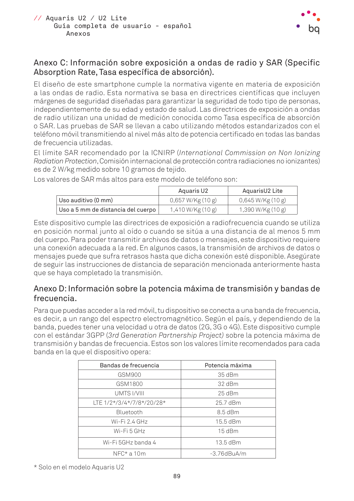 // Aquaris U2 / U2 LiteGuía completa de usuario - españolAnexosAnexo C: Información sobre exposición a ondas de radio y SAR (Spe