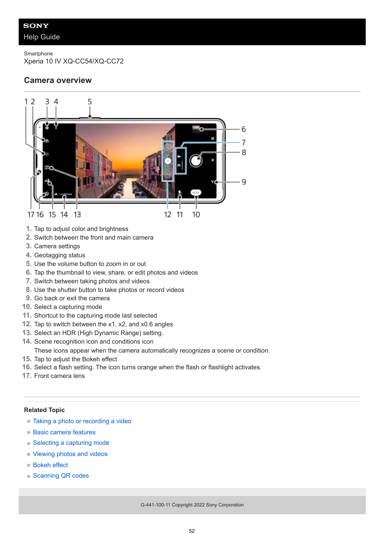 Help GuideSmartphoneXperia 10 IV XQ-CC54/XQ-CC72Camera overview1.2.3.4.5.6.7.8.9.10.11.12.13.14.Tap to adjust color and brightne
