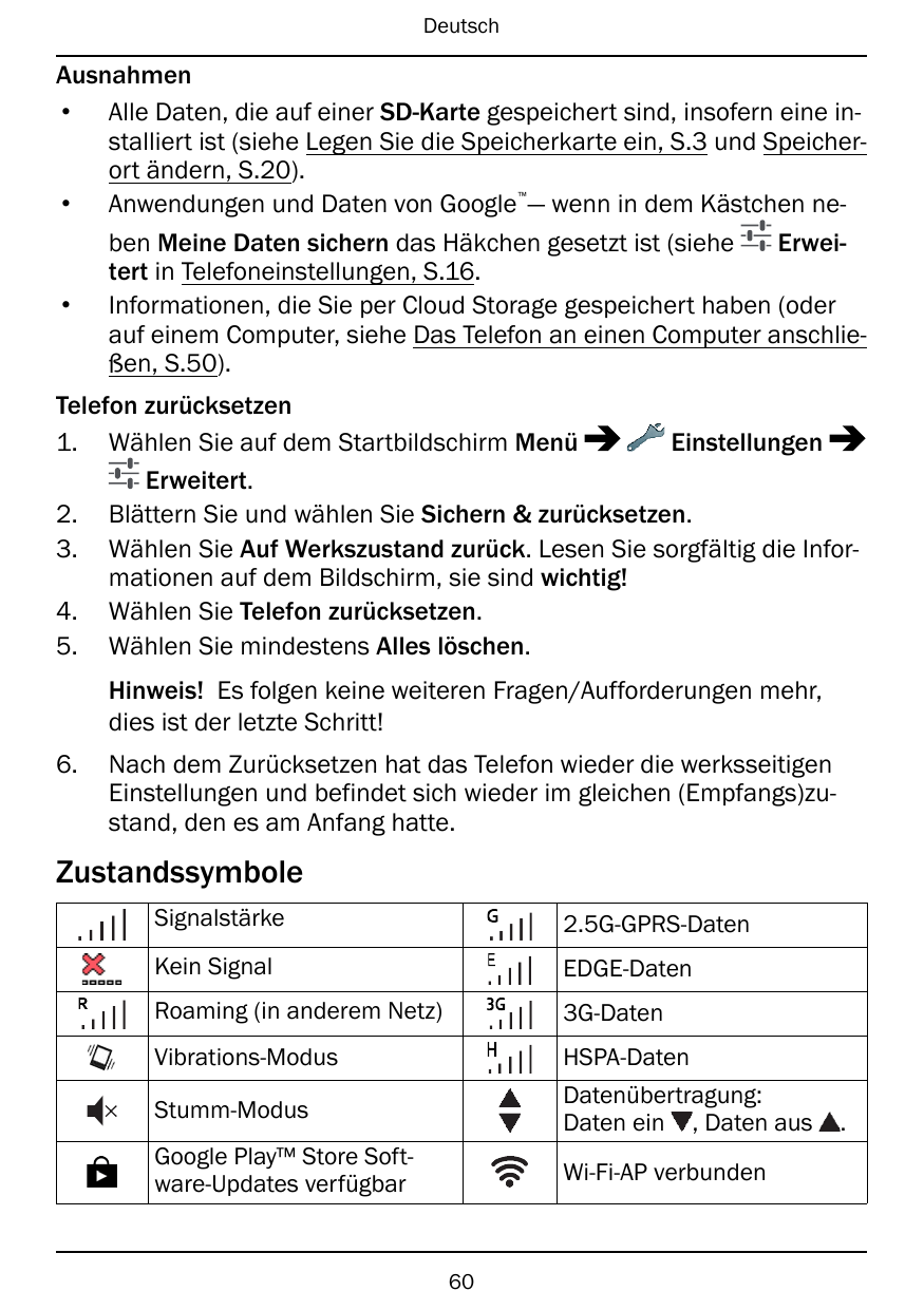 DeutschAusnahmen• Alle Daten, die auf einer SD-Karte gespeichert sind, insofern eine installiert ist (siehe Legen Sie die Speich
