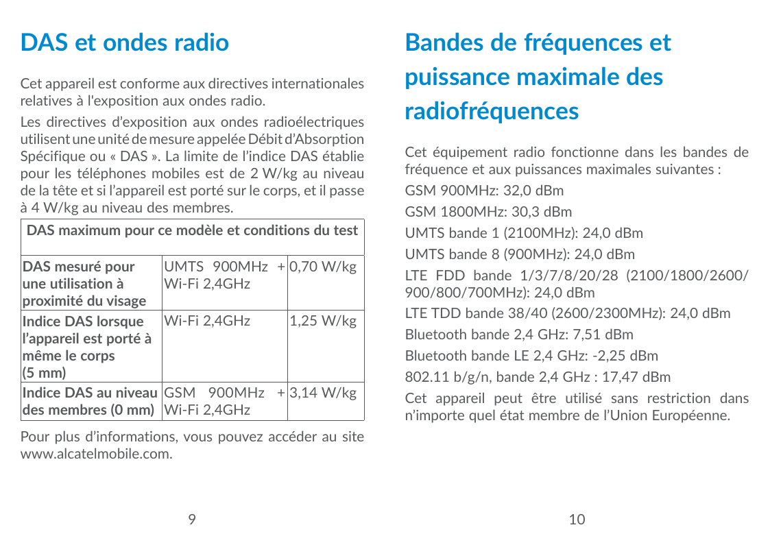 DAS et ondes radioCet appareil est conforme aux directives internationalesrelatives à l'exposition aux ondes radio.Les directive